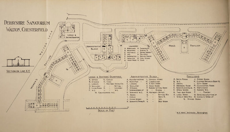Derbyshire Sanatorium Walton, Chesterfield Lodge s Doctors' Quarters Administrative: 5lock A. Office: B. Kitchen C. Larder. D. Scullery G. Coals H. Yard I. Doctors’ Dining R'm. J. «• Sitting *• EL. Living Room K. r. W.C. L. M. Groundomen's W.C. H I* Lavatory WC A. Milk &amp; Butter Store B. Meats Fish •• C. LARDER D. Scullery EL. Kitchen F. ServingxWash up G Servants' W.C. H. Ashes l. Coals J. China Store K. Servants'Dining R. L. General Store M. Laboratory N. X.Ray Boom o. Dark Boom P. Nurses'Sitting Room Q » Dining R. Matron's Office S. - Sitting R'm. T. •&lt; Bath R. U. •• W.C. V. •• Bed Room PaVI U ON S A. Bath Room J. Store Room B. W.C. K. Clothes Drying s Boot R. C Urinal l. Duty Room D Dressing Boom M. Examination Room EL. Sinks Cleaning R. N. Dispensary F. Open Ward O. Nurses W.c. G. Two-bed Room P *■ Pantry H. Linen Room Q. Serving s Cutting up I. Single-bed R’m. R. China &amp; Wash up S. Dining Room lo \jJ to JO 30 40 ij 0 oO 70 go 90 100 —i-1-1- -T Scale of Feelt  W. W .Ward  Architects