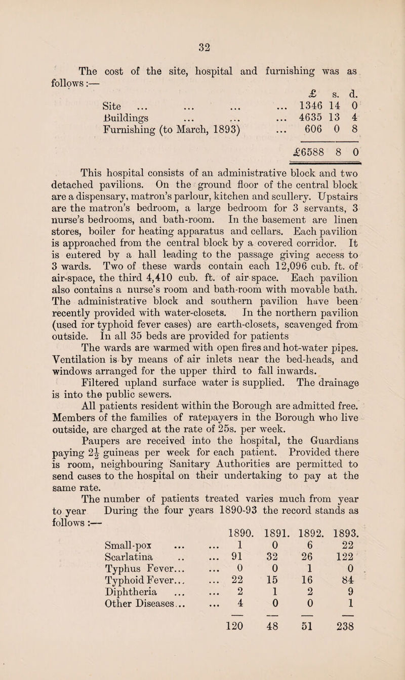 The cost of the site, hospital and furnishing was as follows:— £ s. d. Site ... ... ... ... 1346 14 0 Buildings ... ... ... 4635 13 4 Furnishing (to March, 1893) ... 606 0 8 £6588 8 0 This hospital consists of an administrative block and two detached pavilions. On the ground floor of the central block are a dispensary, matron’s parlour, kitchen and scullery. Upstairs are the matron’s bedroom, a large bedroom for 3 servants, 3 nurse’s bedrooms, and bath-room. In the basement are linen stores, boiler for heating apparatus and cellars. Each pavilion is approached from the central block by a covered corridor. It is entered by a hall leading to the passage giving access to 3 wards. Two of these wards contain each 12,096 cub. ft. of air-space, the third 4,410 cub. ft. of air space. Each pavilion also contains a nurse’s room and bath-room with movable bath. The administrative block and southern pavilion have been recently provided with water-closets. In the northern pavilion (used for typhoid fever cases) are earth-closets, scavenged from outside. In all 35 beds are provided for patients The wards are warmed with open fires and hot-water pipes. Ventilation is by means of air inlets near the bed-heads, and windows arranged for the upper third to fall inwards. Filtered upland surface water is supplied. The drainage is into the public sewers. All patients resident within the Borough are admitted free. Members of the families of ratepayers in the Borough who live outside, are charged at the rate of 25s. per week. Paupers are received into the hospital, the Guardians paying 2J guineas per week for each patient. Provided there is room, neighbouring Sanitary Authorities are permitted to send cases to the hospital on their undertaking to pay at the same rate. The number of patients treated varies much from year to year During the four years 1890-93 the record stands as follows :— 1890. 1891. 1892. 1893. Small-pox 1 0 6 22 Scarlatina ... 91 32 26 122 Typhus Fever... ... 0 0 1 0 Typhoid Fever... ... 22 15 16 84 Diphtheria 2 1 2 9 Other Diseases... ... 4 0 0 1 120 48 51 238