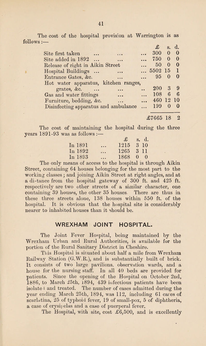 The cost of the hospital provision at Warrington is as follows :— Site first taken Site added in 1892 ... Release of right in Aikin Street Hospital Buildings ... Entrance Gates, &c. Hot water apparatus, kitchen ranges, grates, Ac. Gas and water fittings Furniture, bedding, Ac. Disinfecting apparatus and ambulance £ s. d. 300 0 0 750 0 0 50 0 0 5502 15 1 95 0 0 200 3 9 108 6 6 460 12 10 199 0 0 £7665 18 2 The cost of maintaining the hospital during the three years 1891-93 was as follows :— £ s. d. In 1891 ... 1215 3 10 In 1892 ... 1265 3 11 In 1893 ... 1868 0 0 The only means of access to the hospital is through Aikin Street, containing 64 houses belonging for the most part to the working classes; and joining Aikin Street at right angles, and at a di-tance from the hospital gateway of 300 ft. and 425 ft. respectively are two other streets of a similar character, one containing 39 houses, the other 35 houses. There are thus in these three streets alone, 138 houses within 550 ft. of the hospital. It is obvious that the hospital site is considerably nearer to inhabited houses than it should be. WREXHAM JOINT HOSPITAL. The Joint Fever Hospital, being maintained by the Wrexham Urban and Rural Authorities, is available for the portion of the Rural Sanitary District in Cheshire. This Hospital is situated about half a mile from Wrexham Railway Station (G.W.R.), and is substantially built of brick. It consists of two large pavilions, observation wards, and a house for the nursing staff. In all 40 beds are provided for patients. Since the opening of the Hospital on October 2nd, 1886, to March 25th, 1894, 439 infectious patients have been isolate i and treated. The number of cases admitted during the year ending March 25th, 1894, was 112, including 61 cases of scarlatina, 25 of typhoid fever, 19 of small-pox, 5 of diphtheria, a case of erysipelas and a case of puerperal fever. The Hospital, with site, cost £6,500, and is excellently