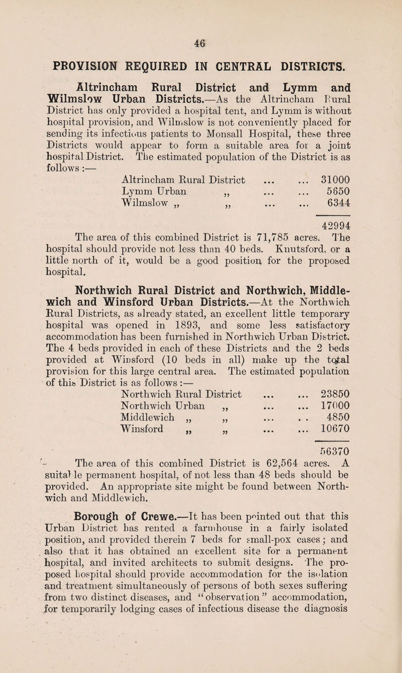PROVISION REQUIRED IN CENTRAL DISTRICTS. Altrincham Rural District and Lymm and Wilmslow Urban Districts.—As the Altrincham Bural District has only provided a hospital tent, and Lymm is without hospital provision, and Wilmslow is not conveniently placed for sending its infectious patients to Monsall Hospital, the^e three Districts would appear to form a suitable area for a joint hospital District. The estimated population of the District is as follows :— Altrincham Rural District ... ... 31000 Lymm Urban ,, ... ... 5850 Wilmslow „ ,, ... ... 6344 42994 The area of this combined District is 71,785 acres. The hospital should provide not less than 40 beds. Knutsford, or a little north of it, would be a good position for the proposed hospital. Northwich Rural District and Northwich, Middle- wich and Winsford Urban Districts.—At the Northwich Rural Districts, as already stated, an excellent little temporary hospital was opened in 1893, and some less satisfactory accommodation has been furnished in Northwich Urban District. The 4 beds provided in each of these Districts and the 2 beds provided at Winsford (10 beds in all) make up the total provision for this large central area. The estimated population of this District is as follows :— Northwich Rural District • • • ... 23850 Northwich Urban ,, • • • ... 17000 Middlewich ,, „ • • • 4850 Winsford „ „ • ♦ • ... 10670 56370 The area of this combined District is 62,564 acres. A snital le permanent hospital, of not less than 48 beds should be provided. An appropriate site might be found between North¬ wich and Middlewich. Borough of Crewe.—It has been pointed out that this Urban District has rented a farmhouse in a fairly isolated position, and provided therein 7 beds for small-pox cases; and also that it has obtained an excellent site for a permanent hospital, and invited architects to submit designs. The pro¬ posed hospital should provide accommodation for the isolation and treatment simultaneously of persons of both sexes suffering from two distinct diseases, and “ observation ” accommodation, for temporarily lodging cases of infectious disease the diagnosis