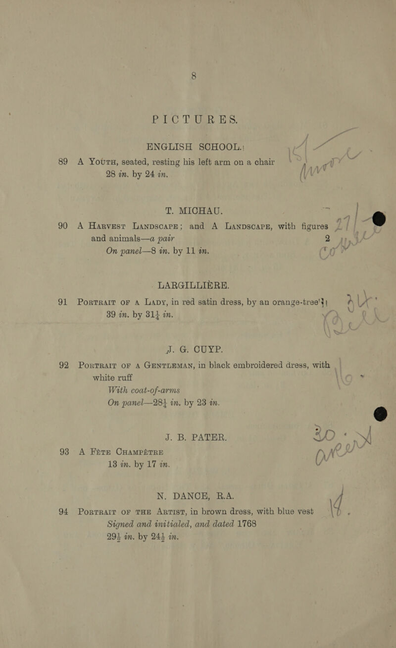 89 90 91 92 93 94 PoC ToUak E's. ENGLISH SCHOOL: A Yours, seated, resting his left arm ona chair — ye 28 in. by 24 in. (/   T. MICHAU. wae 3 A Harvest Lanpscarpze; and A Lanpscaps, with figures y S and animals—a patr 2 4p. On panel—8 in. by 11 2m. OO ¥ . LARGILLIERE. PorTRAIT OF A Lapy, in red satin dress, by an orange-tree's| a ore 39 in. by 814 in. xe a GUYE: PorTRAIT OF A GENTLEMAN, in black embroidered dress, with white ruff by With coat-of-arms On panel—28+} in. by 23 an. ors KM J. B. PATER. ee a A Fete CHAMPiTRE / KY ~ 13 im. by 17 in. v, N. DANCE, B.A. | | PoRTRAIT OF THE ARTIST, in brown dress, with blue vest 1D ; Signed and initialed, and dated 1768 294 om. by 244 an.