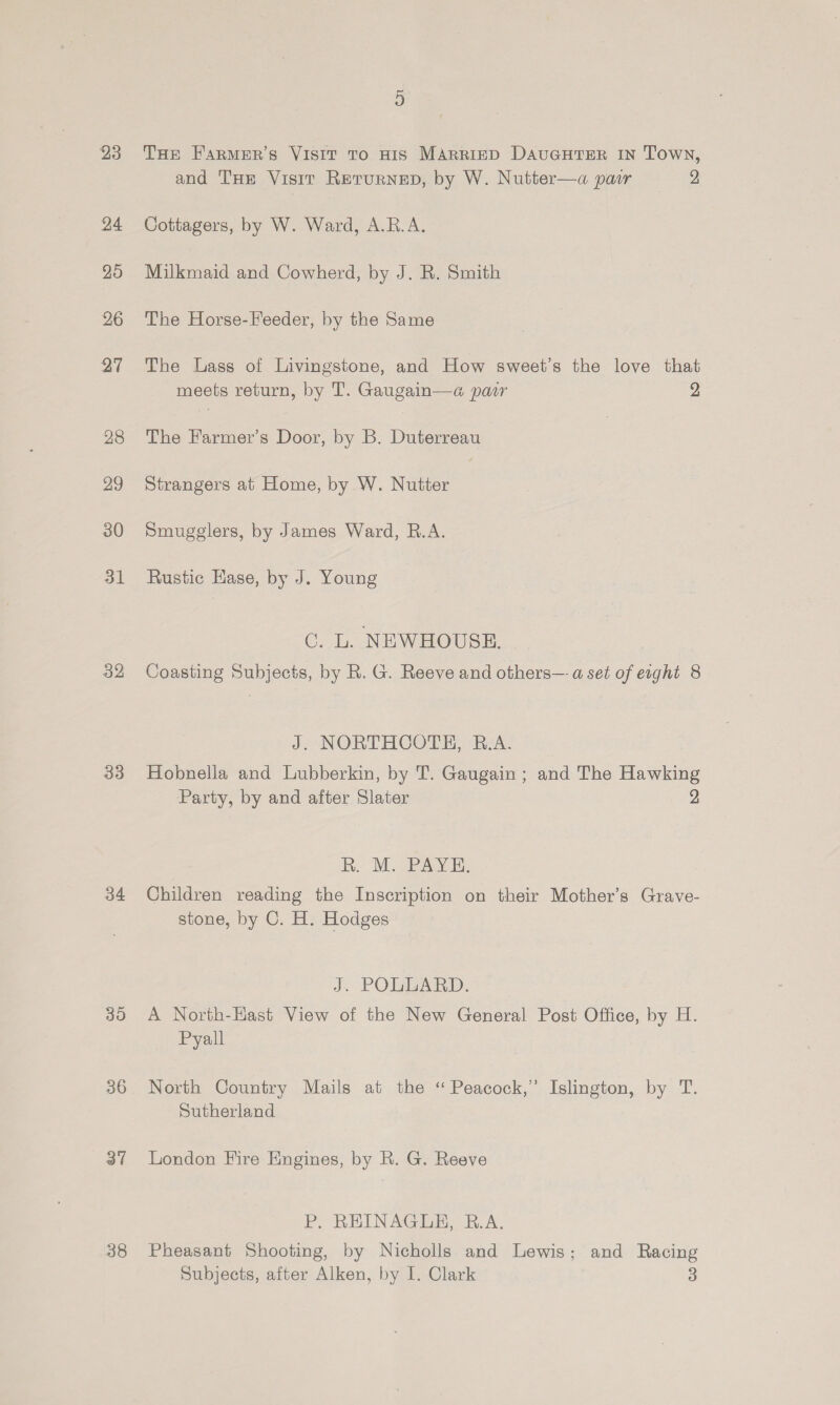 23 24 25 26 27 28 29 30 31 32 33 34 36 3 38 THE FarmMeEr’s Visit To HIS MARRIED DAUGHTER IN Town, and Tur Visitr Rerurnep, by W. Nutter—a par 2 Cottagers, by W. Ward, A.R.A. Milkmaid and Cowherd, by J. R. Smith The Horse-Feeder, by the Same The Lass of Livingstone, and How sweet’s the love that meets return, by T. Gaugain—«a@ pasr 2 The Farmer’s Dene by B. Duterreau Strangers at Home, by W. Nutter | Smugglers, by James Ward, R.A. Rustic Kase, by J. Young C. L. NEWHOUSE. Coasting Subjects, by R. G. Reeve and others—a set of eight 8 J. NORTHCOTH, R.A. Hobnella and Lubberkin, by T. Gaugain ; and The Hawking Party, by and after Slater 2 R. M. PAYE. Children reading the Inscription on their Mother’s Grave- stone, by C. H. Hodges J. POLLARD. A North-Hast View of the New General Post Office, by H. Pyaill North Country Mails at the “ Peacock,” Islington, by T. Sutherland London Fire Engines, by R. G. Reeve P, REINAGLH, R.A. Pheasant Shooting, by Nicholls and Lewis; and Racing