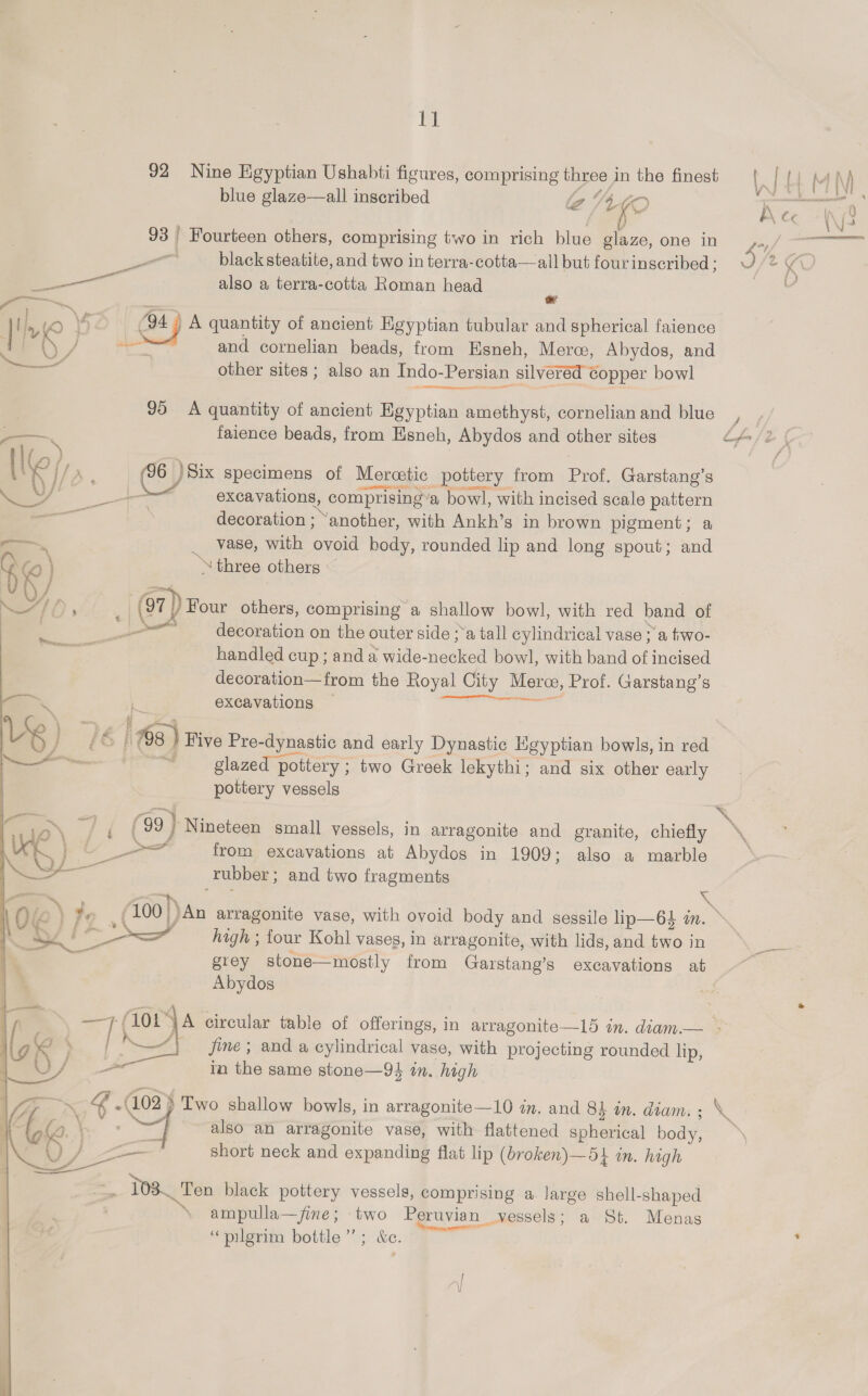92 Nine Egyptian Ushabti figures, comprising three in the finest blue glaze—all inscribed ig 490 foe) 93 Fourteen others, comprising two in rich blue glaze, one in me a black steatite, and two in terra-cotta—all but fourinscribed ; — also a terra-cotta Roman head een and cornelian beads, from Esneh, Mere, Abydos, and | ne 4D | (a4 j A quantity of ancient Egyptian tubular and spherical faience —— other sites ; also an Indo-Persian silveréd copper bowl  95 A quantity of ancient Egyptian amethyst, cornelian and blue faience beads, from Esneh, Abydos and other sites [Ite {/ , 96 ) Six specimens of Mercetic | pottery from Prof. Garstang’s ce /' ee excavations, comprising’a bowl, with incised scale pattern decoration - “another, with Ankh’s in brown pigment; a _ vase, with ovoid body, rounded lip and long spout; and three others 7h), ; ez) Four others, comprising a shallow bowl, with red band of ee decoration on the outer side ;a tall cylindrical vase ; a tiwo- handled cup; and a wide-necked bowl, with band of incised decoration—from the Royal City Mere, Prof. Garstang’s excavations — Beis Sit Vg }) €&amp;] ‘198 ) Five Pre-dynastic and early Dynastic Egyptian bowls, in red ~~ glazed pottery ; two Greek lekythi; and six other early pottery vessels nil TO3_ Ten black pottery vessels, comprising a. large shell-shaped ampulla —fine ; ue Peruvian vessels; a St. Menas “pilgrim bottle’; &amp;e.  ~ \ ay a 99 } Nineteen small vessels, in arragonite and granite, chiefly ~ | t rr ct from excavations at Abydos in 1909; also a marble AN a rubber ; and two fragments if \ te : (100)) An arragonite vase, with ovoid body and sessile lip—64 in. » RK. O4 ena high ; four Kohl vases, in arragonite, with lids, and two in za grey stone—mostly from Garstang’s excavations at Be Abydos aon —T (101 ‘\A circular table of offerings, in arragonite—15 in. diam.— - iges | J] fim; anda cylindrical vase, with projecting rounded lip, a / ae in the same stone—94 in. high i 7a &lt; a -(102 &gt; Iwo shallow bowls, in arragonite—10 in. and 84 an. diam. ; (&gt;. \ a also an arragonite vase, with flattened spherical body, V7 ——— short neck and expanding flat lip (broken)—5k in. high