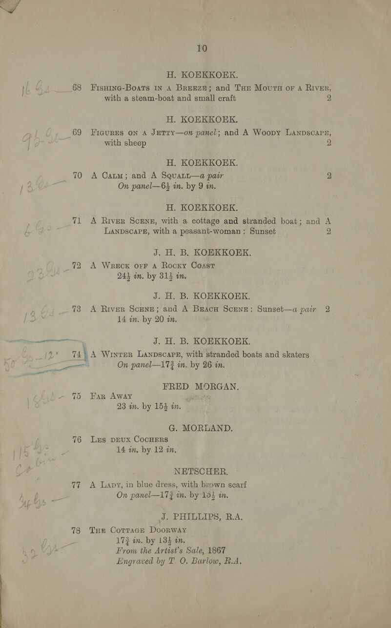 H. KOEKKOEK. 68 HisHinc-Boats IN A BREEZE; and THe Movuts or A RIVER, with a steam-boat and small craft ” H. KOEKKOHK. 69 FiaurREsS oN A JETTY—on panel; and A Woopy LANDSCAPE, with sheep 2 | H. KOEKKOEK. 70 A Catm; and A SquaLtt—a pair 2 On panel—64 im. by 9 im. H. KOEKKOEK. 71 A River Scene, with a cottage and stranded boat; and A LANDSCAPE, with a peasant-woman : Sunset 2 J. H. B. KOBKKOERE. 72 A Wreck orF A Rocky Coast 244 in. by 315 in. J. H. B. KOKBKKORK. 73 A River Scune; and A Braco Scene: Sunset—a pair 2 14 in. by 20 an. — emmaeeaiilioaes” J. H. B. KOEKKOEK. 0 74 i A Winter LAnpscapg, with stranded boats and skaters a. On panel—17? in. by 26 in. et renee oe ieee FRED MORGAN. 75 Far Away 23 in. by 154 an. G. MORLAND. 76 Les DEUX COCHERS 14 wm, by. 12 an. NETSCHER. 77 A Lapy, in blue dress, with brown scarf On panel—17? in. by 154 an. J. PHILLIPS, R.A. 78 Tue Cottage Doorway 17% wm. by 134 an. From the Artist’s Sale, 1867 Engraved by T. O. Barlow, B.A.
