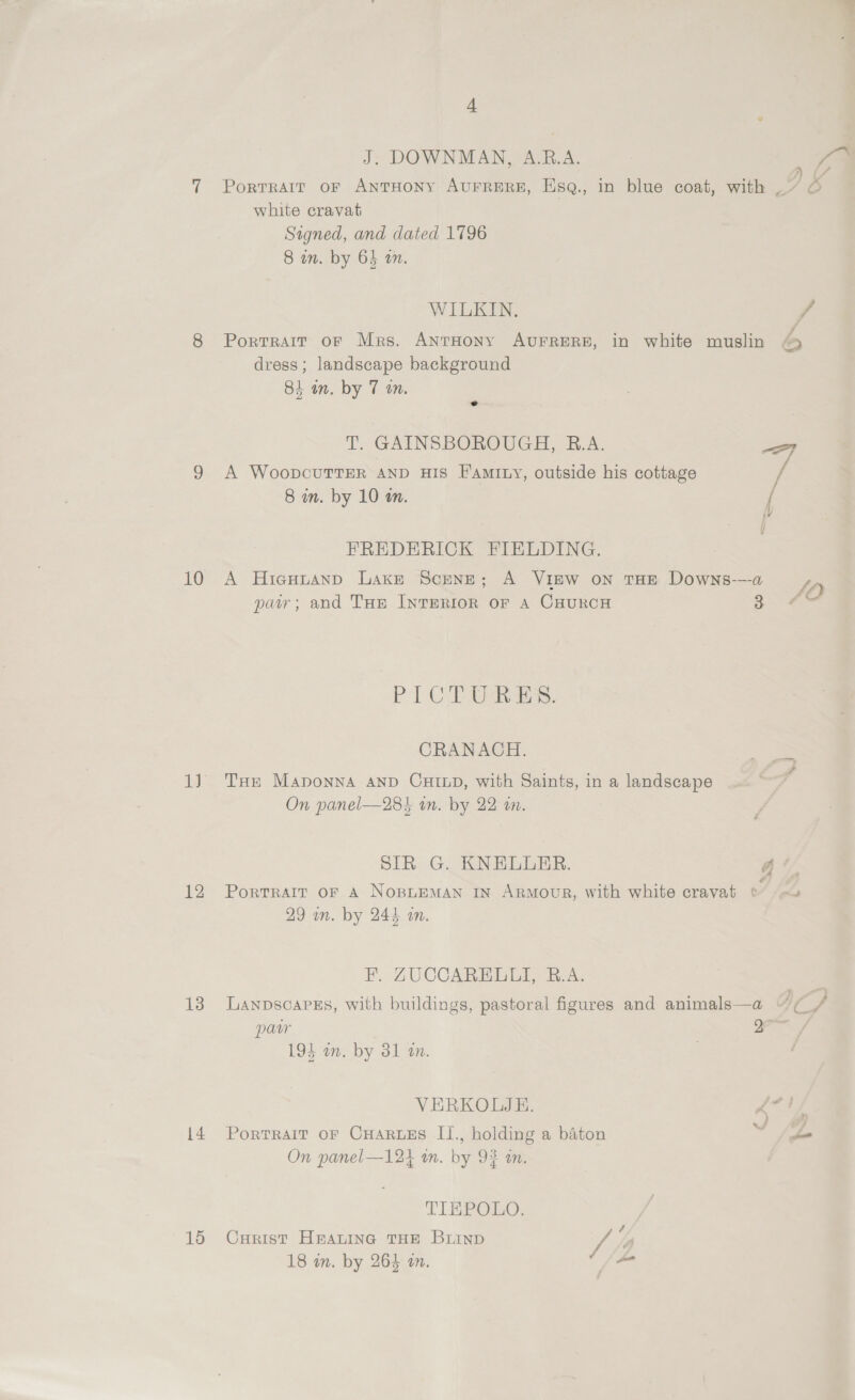 A) 12 13 4 15 4 J. DOWNMAN, A.R.A. white cravat Signed, and dated 1796 8 in. by 64 an. WILKIN. dress; landscape background 84 in. by 7 an. ° 8 in. by 10 in. sae PICTURE. CRANACH. On panel—281 in. by 22 im. SIR G. KNELURER. 29 in. by 244 an. EF. ZUCCARELLI, B.A. paw 194 an. by 31 an. VERKOLJE. On panel—124 in. by 92 tn. TIBPORO;: CuHrist HRALING THE BLIND 18 an. by 264 an. / ys 2 }
