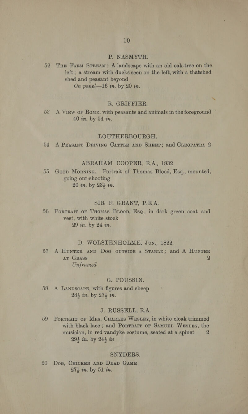 52 54 56 60 10 P. NASMYTH. shed and peasant beyond On panel—16 in. by 20 in. R. GRIFFTIER. 40 in. by 54 in, LOUTHERBOURGH. ABRAHAM COOPHR, RB.A., 1832 going out shooting 20 wn. by 234 on. SIR F. GRANT, P.RA. vest, with white stock 29 in. by 24 an. D. WOLSTENHOLMH, Jun., 1822. AT GRASS Unframed G. POUSSIN. A Lanpscarg, with figures and sheep 284 in. by 274 in. J. RUSSELL, B.A. 2 294 im. by 244 om SNYDEBRS. Doc, CHICKEN AND DEAD GAME 274 am. by 51 a.