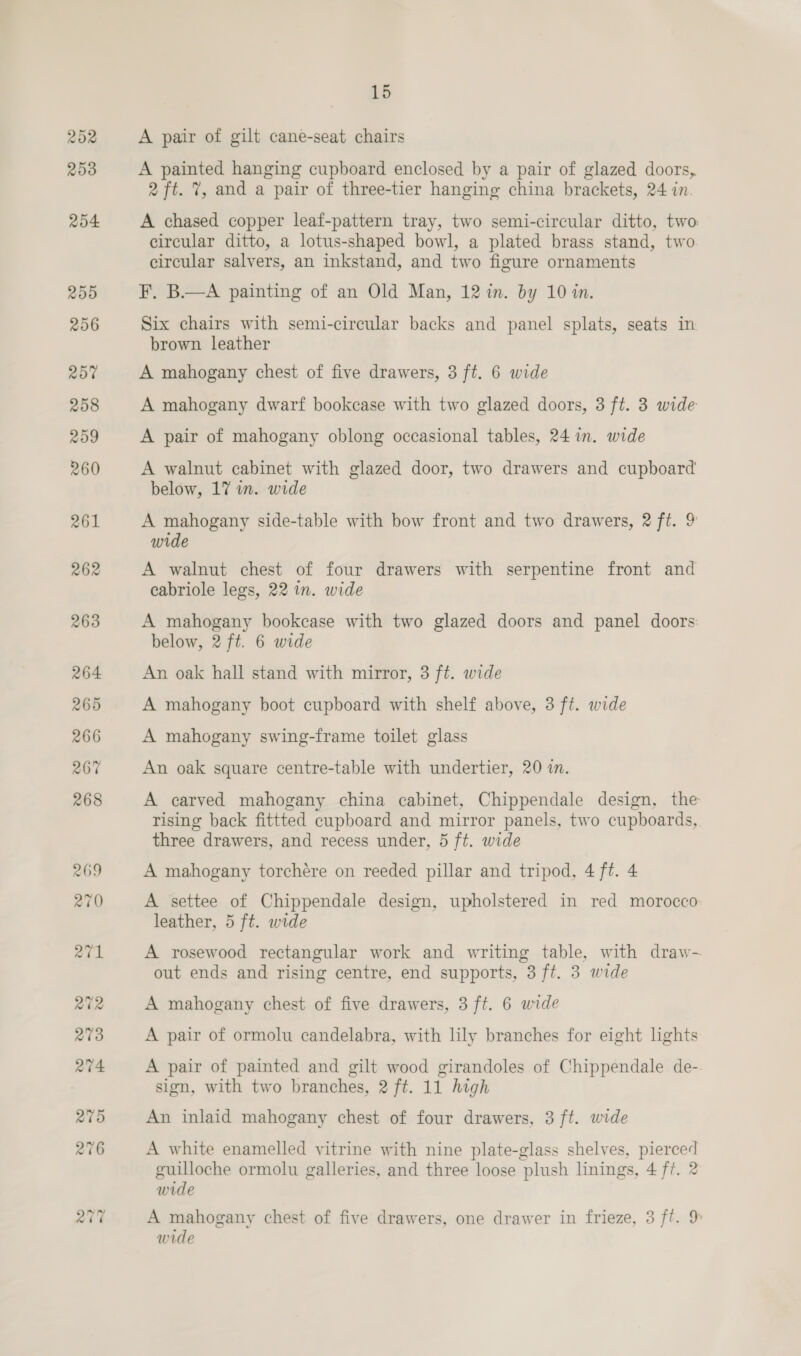 253 204 255 256 RO 258 259 260 261 15 A painted hanging cupboard enclosed by a pair of glazed doors, 2 ft. 7, and a pair of three-tier hanging china brackets, 24 in. A chased copper leaf-pattern tray, two semi-circular ditto, two circular ditto, a lotus-shaped bowl, a plated brass stand, two circular salvers, an inkstand, and two figure ornaments F. B.—A painting of an Old Man, 12 in. by 10 in. Six chairs with semi-circular backs and panel splats, seats in brown leather A mahogany chest of five drawers, 3 ft. 6 wide A mahogany dwarf bookcase with two glazed doors, 3 ft. 3 wide A pair of mahogany oblong occasional tables, 24 in. wide A walnut cabinet with glazed door, two drawers and cupboard below, 17 in. wide A mahogany side-table with bow front and two drawers, 2 ft. 9 wide A walnut chest of four drawers with serpentine front and cabriole legs, 22 in. wide A mahogany bookcase with two glazed doors and panel doors: below, 2 ft. 6 wide An oak hall stand with mirror, 3 ft. wide A mahogany boot cupboard with shelf above, 3 ft. wide A mahogany swing-frame toilet glass An oak square centre-table with undertier, 20 in. A carved mahogany china cabinet, Chippendale design, the rising back fittted cupboard and mirror panels, two cupboards, three drawers, and recess under, 5 ft. wide A mahogany torchére on reeded pillar and tripod, 4 ft. 4 A settee of Chippendale design, upholstered in red morocco leather, 5 ft. wide A rosewood rectangular work and writing table, with draw- out ends and rising centre, end supports, 3 ft. 3 wide A mahogany chest of five drawers, 3 ft. 6 wide A pair of ormolu candelabra, with lily branches for eight lights A pair of painted and gilt wood girandoles of Chippendale de- sign, with two branches, 2 ft. 11 high An inlaid mahogany chest of four drawers, 3 ft. wide A white enamelled vitrine with nine plate-glass shelves, pierced guilloche ormolu galleries, and three loose plush linings, 4 f7. 2 wide A mahogany chest of five drawers, one drawer in frieze, 3 ft. wide