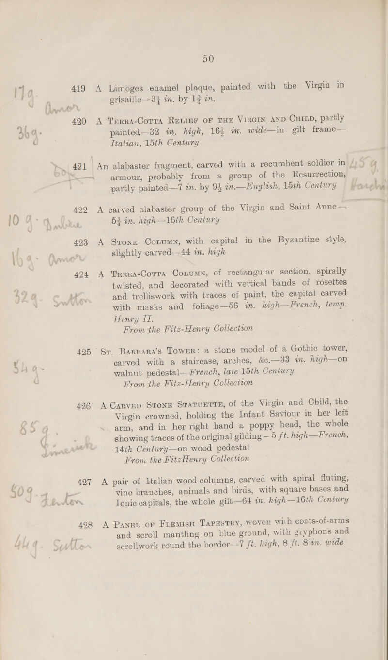 425 ¢ -e 20 A Limoges enamel plaque, painted with the Virgin in grisaille—3} in. by 1# a. A Trrra-Corra RELIEF OF THE VIRGIN AND CHILD, partly painted—32 in. high, 165 im. wide—in gilt frame— Tialian, 15th Century armour, probably from a group of the Resurrection, partly painted—7 an. by 9$ in.—English, 15th Century A carved alabaster group of the Virgin and Saint Anne— A Sronz Conumn, with capital in the Byzantine style, slightly carved—44 wm. hgh A Trrra-Corra Contumn, of rectangular section, spirally twisted, and decorated with vertical bands of rosettes and trelliswork with traces of paint, the capital carved with masks and foliage—56 in. high—-French, temp. Henry II. From the Fitz-Henry Collection carved with a staircase, arches, &amp;c.—33 m. high—on walnut pedestal— French, late 1oth Century From the Futz-Henry Collection A Carven Sronn Staruntrts, of the Virgin and Child, the Virgin crowned, holding the Infant Saviour in her left arm, and in her right hand a poppy head, the whole showing traces of the original gilding — 5 ft. high—French, 14th Centwry—on wood pedestal From the FitzHenry Collection A pair of Italian wood columns, carved with spiral fluting, vine branches, animals and birds, with square bases and Tonic capitals, the whole gilt—64 a. high—16th Century A Pannen oF FuEMIsH TAPESTRY, Woven with coats-of-arms and scroll mantling on blue ground, with eryphons and 