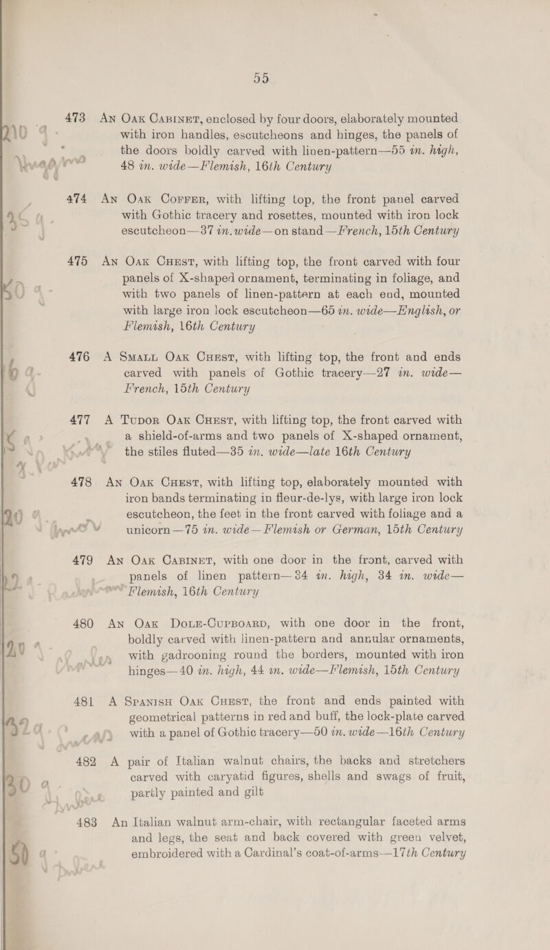    474 475 476 477 478 479 DY) An Oax CaBINET, enclosed by four doors, elaborately mounted with iron handles, escutcheons and hinges, the panels of the doors boldly carved with linen-pattern—55 in. hagh, 48 in. wide—Flemish, 16th Century An Oak CorFer, with lifting top, the front panel carved with Gothic tracery and rosettes, mounted with iron lock escutcheon—37 in. wide —on stand —French, 15th Century An Oak Cust, with lifting top, the front carved with four panels of X-shaped ornament, terminating in foliage, and with two panels of linen-pattern at each end, mounted with large iron lock escutcheon—66 wn. wide—Englash, or Flemish, 16th Century A Smaut Oak Cuest, with lifting top, the front and ends carved with panels of Gothic tracery—27 im. wide— French, 15th Century A Tupor Oak CuHEst, with hfting top, the front carved with a shield-of-arms and two panels of X-shaped ornament, the stiles fluted—35 im. wede—late 16th Century An Oak CHEsT, with lifting top, elaborately mounted with iron bands terminating in fleur-de-lys, with large iron lock escutcheon, the feet in the front carved with foliage and a unicorn —75 wn. wide—Llemish or German, loth Century An Oak CABINET, with one door in the front, carved with panels of linen pattern—34 in. high, 34 m. wide— 480 481 483 AN Oak Dows-CupBoaRD, with one door in the front, boldly carved with linen-pattern and annular ornaments, with gadrooning round the borders, mounted with iron hinges—40 in. high, 44 in. wide—Flemash, 15th Century A Spanish Oak Cuust, the front and ends painted with geometrical patterns in red and buft, the lock-plate carved with a panel of Gothic tracery—d0 an. wade—16th Century A pair of Italian walnut chairs, the backs and stretchers carved with caryatid figures, shells and swags of fruit, partly painted and gilt An Italian walnut arm-chair, with rectangular faceted arms and legs, the seat and back covered with green velvet, embroidered with a Cardinal’s coat-of-arms—I17th Century