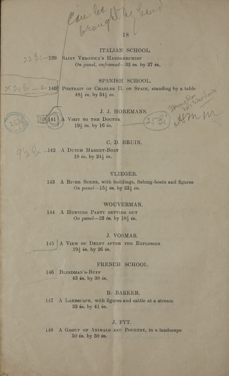 ITALIAN SCHOOL. 139 Seen VERONICA’S HANDKERCHIEF On panel, unframed—-32 in. by 27 m. b- 140} Portrait oF CHarues II. or Spain, standing by a table  = eee 48} im. by 344 an. Yay? oa J. J. HOREMANS. ex 7 aN 41 } \ Visit To THE Doctor &lt;n Je = (y Ds WV Seer =} y, —— 193 wm. by 16 a. C. D. BRUIN. 18 in. by 244 an, VLIEGER. 143 A River ScENns, with buildings, fishing-boats and figures On panel—153 wm. by 233 in. WOUVERMAN., 144 A Hunting PARTY SETTING OUT On panel—23 im. by 184 an. J. VOSMAR. 145 A VIEW OF DELFT AFTER THE EXPLOSION = 193 in. by 26 an. FRENCH SCHOOL. 146 BurnpMaAn’s-Burr 43 an. by 38 in. B. BARKER. 147 A Lanpscapez, with figures and cattle at a stream 33 a. by 41 an, a as 148 A Group oF ANIMALS AND PounLTRY, in a landscape 50 an. by 59 an. |