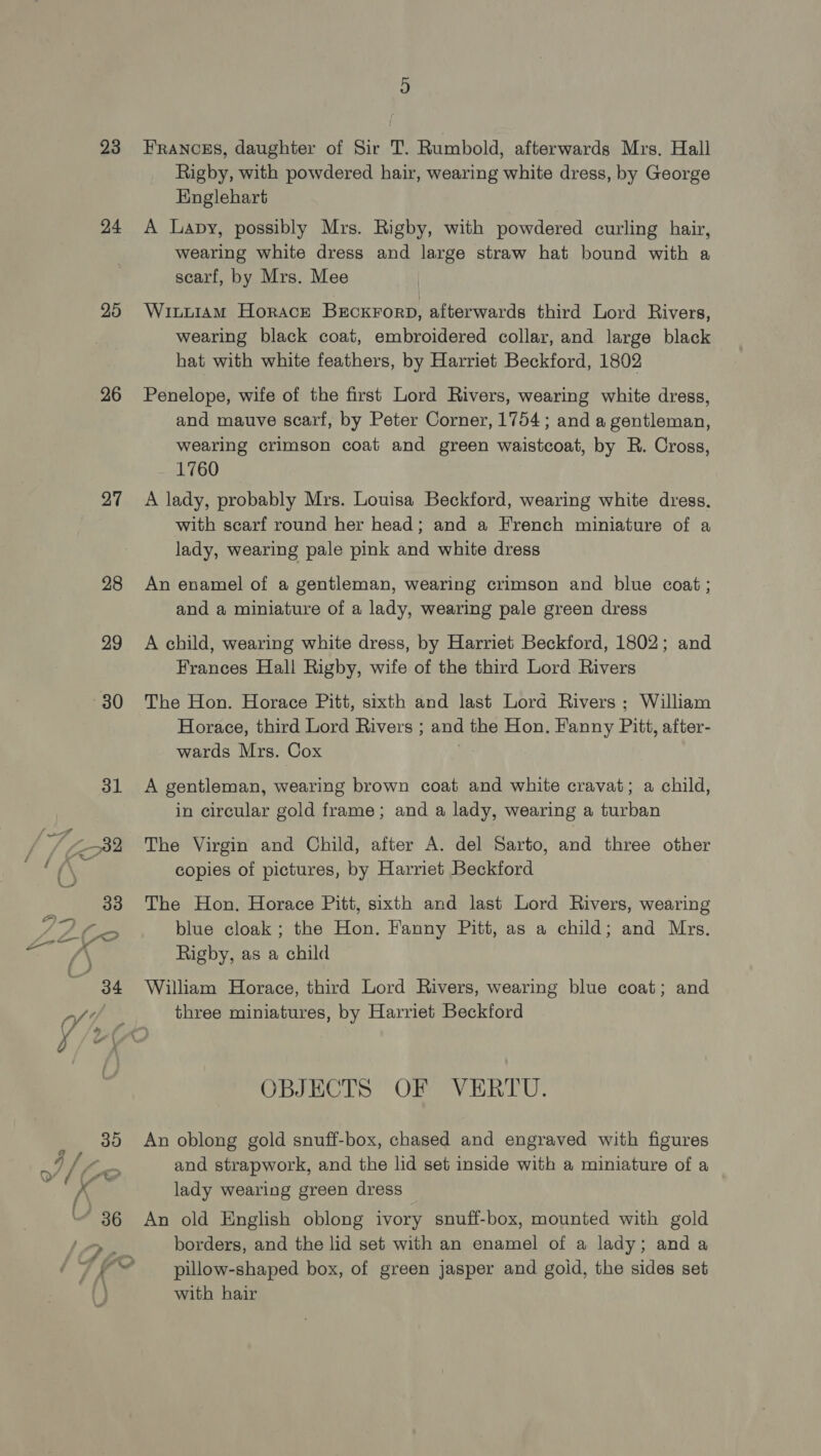 23 24 25 26 27 28 29 30 31 Francgs, daughter of Sir T. Rumbold, afterwards Mrs. Hall Rigby, with powdered hair, wearing white dress, by George Englehart A Lavy, possibly Mrs. Rigby, with powdered curling hair, wearing white dress and large straw hat bound with a scarf, by Mrs. Mee Witu1AM Horace BEcKFoRD, afterwards third Lord Rivers, wearing black coat, embroidered collar, and large black hat with white feathers, by Harriet Beckford, 1802 Penelope, wife of the first Lord Rivers, wearing white dress, and mauve scarf, by Peter Corner, 1754; and a gentleman, wearing crimson coat and green waistcoat, by R. Cross, 1760 A lady, probably Mrs. Louisa Beckford, wearing white dress. with scarf round her head; and a French miniature of a lady, wearing pale pink and white dress An enamel of a gentleman, wearing crimson and blue coat ; and a miniature of a lady, wearing pale green dress A child, wearing white dress, by Harriet Beckford, 1802; and Frances Hall Rigby, wife of the third Lord Rivers The Hon. Horace Pitt, sixth and last Lord Rivers; William Horace, third Lord Rivers ; and the Hon. Fanny Pitt, after- wards Mrs. Cox A gentleman, wearing brown coat and white cravat; a child, in circular gold frame; and a lady, wearing a turban The Virgin and Child, after A. del Sarto, and three other copies of pictures, by Harriet Beckford The Hon. Horace Pitt, sixth and last Lord Rivers, wearing blue cloak ; the Hon. Fanny Pitt, as a child; and Mrs. Rigby, as a child William Horace, third Lord Rivers, wearing blue coat; and three miniatures, by Harriet Beckford OBJECTS OF VERTU. An oblong gold snuff-box, chased and engraved with figures and strapwork, and the lid set inside with a miniature of a lady wearing green dress An old English oblong ivory snuff-box, mounted with gold borders, and the lid set with an enamel of a lady; and a pillow-shaped box, of green jasper and goid, the sides set with hair