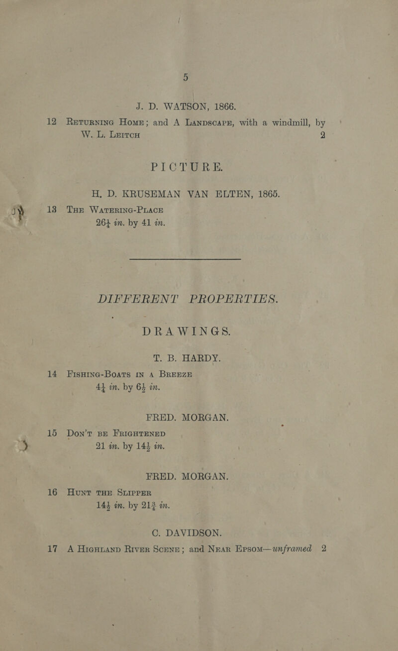 J. D. WATSON, 1866. 12 Rerurninc Home; and A Lanpscapz, with a windmill, by W. L. Lerrou 2 PI OTe: H, D. KRUSEMAN VAN ELTEN, 1868. ay 18. THE WatERING-PLACE | | 264 an. by 41 in. DIFFERENT PROPERTIES. DRAWINGS. i B. He YY. 14 FisHine-Boats in A BREEZE 41 i. by 64 an. FRED. MORGAN. 15 Don’T BE FRIGHTENED XJ 21 in. by 14} in. FRED. MORGAN. 16 Hunt THE SLIPPER 143 wm. by 212 m. C. DAVIDSON. 17 A Hieunanp River Scene; and Near Ersom—wunframed 2