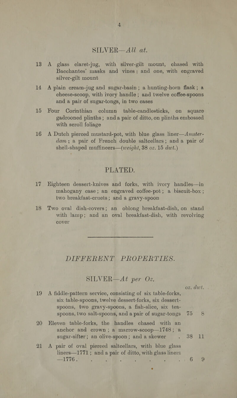14 15 16 sb | 18 19 SILVER—A at. A glass claret-jug, with silver-gilt mount, chased with Bacchantes’ masks and vines; and one, with engraved -silver-gilt mount A plain cream-jug and sugar-basin ; a hunting-horn flask; a cheese-scoop, with ivory handle; and twelve coffee-spoons and a pair of sugar-tongs, in two cases Four Corinthian column table-candlesticks, on square gadrooned plinths; anda pair of ditto, on plinths embossed with scroll foliage A Dutch pierced mustard-pot, with blue glass liner—Amister- dam; a pair of French double saltcellars; anda pair of shell-shaped muffineers—(werght, 38 oz. 15 dwt.) PLATED. Highteen dessert-knives and forks, with ivory handles—in mahogany case; an engraved coffee-pot; a biscuit-box ; two breakfast-cruets ; and a gravy-spoon Two oval dish-covers; an oblong breakfast-dish, on stand with lamp; and an oval breakfast-dish, with revolving cover DIFFERENT) PROPERTIES. SILVER—Aé per Oz. oz. dwt. A fiddle-pattern service, consisting of six table-forks, six table-spoons, twelve dessert-forks, six dessert- spoons, two gravy-spoons, a fish-slice, six tea- spoons, two salt-spoons, anda pair of sugar-tongs 75 8 21 anchor and crown ; a marrow-scoop—1748; a sugar-sifter ; an olive-spoon; and a skewer 4 DO) ae A pair of oval pierced saltcellars, with blue glass liners—1771; and a pair of ditto, with glass liners —1776. ; : 6 Oe