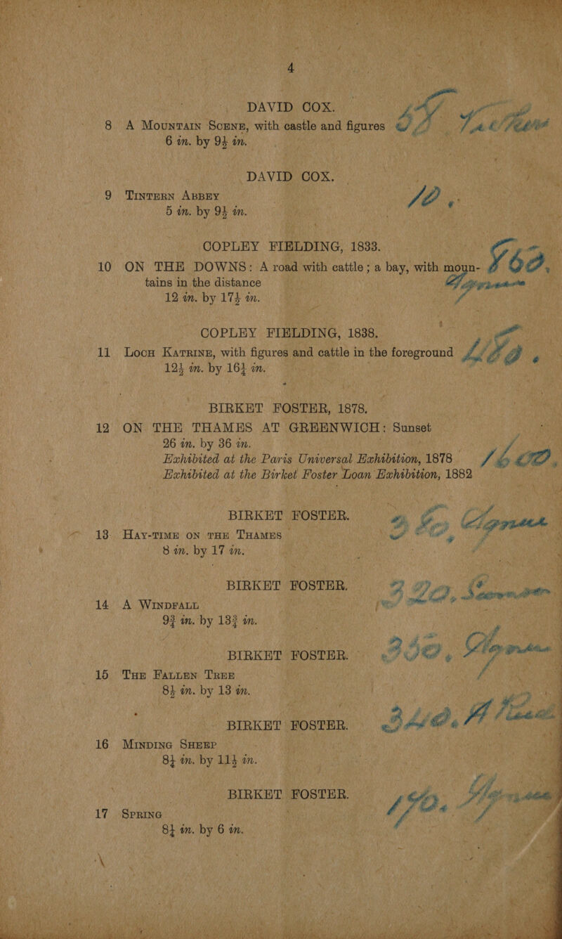 10 11 12 14 1b 16 17 DAVID COX. A Mountain Scns, with castle and figures 6 wm. by 94 an.  DAVID COX. Ce TINTERN ABBEY } | Je ¥ 5 in. by 94 in. COPLEY FIELDING, 1833. _ ‘ Ge Bers ON THE DOWNS: A road with cattle ; a bay, with moun- 62a 7 tains in the distance Ny Zi. | | 12 in. by 175 a. | i y , COPLEY FIELDING, 1838. . Loon Karring, with figures and cattle in the foreground hh a. . 124 i. Ey 164 on. BIRKET FOSTER, 1878. ON THE THAMES AT. GREENWICH: ay 3 26 in. by 36 wm. rf | Hahobited at the Paris Universal Hahabttion, 1878 r¢ re IO Hahtbited at the Birket Foster Loan Exhibition, 1882 | | BIRKET FOSTER.  8 wn. by 17 am. BIRKET FOSTER, a Oe ‘se ae A WINDFALL pn La | % Seown ie | 92 mm. by 132 m. ne | | 2 | Pp th (e yy BIRKET FOSTER. «Vise, 7? est THe FauLen TREE | | : i ‘ ee im. by 13 an. op Wie. aie oy ‘pment poste BAV@As fy Neal MINDING SHEEP ; 8} om. by 114 an. SRE FOSTER, : , : Yu o ~ ‘ SpRina . : a Ce - o¢s —_ Sl in. by 6 in.