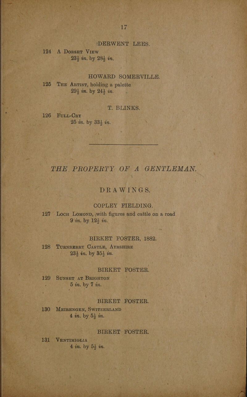 17 ‘DERWENT LEES. 124 A Dorset Virw 234 wm. by 284 an. HOWARD SOMERVILLE. 125 Tue Artist, holding a palette 294 in. by 244 an. T. BLINKS. 126 Fupu-Cry 25 im. by 334 an. THE PROPERTY OF A GENTLEMAN. DRAWINGS. COPLEY FIELDING. 127 Locu Lomond, ,with figures and cattle on a road | 9 in. by 124 a. BIRKET FOSTER, 1882. 128 TurnBERRY CasTLE, AYRSHIRE 234 on. by 355 a. BIRKET FOSTER. 129 Sunset at BricHtTon 5 in. by 7 m. BIRKET FOSTER. 130 MrrIRENGEN, SWITZERLAND 4 om. by 54 in. BIRKET FOSTER. 131 VENTIMIGLIA