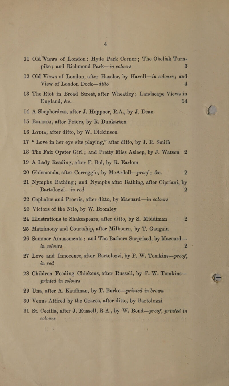1 — 12 13 14 15 16 17 18 19 20 21 22 23 24 25 26 27 28 29 30 31 4 Old Views of London: Hyde Park Corner; The Obelisk Turn- pike; and Richmond Park—zin colours 3 Old Views of London, after Haseler, by Havell—in colours; and View of London Dock—ditto 4 The Riot in Broad Street, after Wheatley; Landscape Views in England, &amp;e. : 14 A Shepherdess, after J. Hoppner, R.A., by J. Dean Bexinpa, after Peters, by R. Dunkarton Lypta, after ditto, by W. Dickinson “ Love in her eye sits playing,” after ditto, by J. R. Smith The Fair Oyster Girl; and Pretty Miss Asleep, by J. Watson 2 A Lady Reading, after F, Bol, by R. Earlom Ghismonda, after Correggio, by McArdell—proof; &amp;c. 2 Nymphs Bathing; and Nymphs after Bathing, after Cipriani, by Bartolozzi—in red 2 Cephalus and Procris, after ditto, by Macuard—in colours Victors of the Nile, by W. Bromley Illustrations to Shakespeare, after ditto, by 8. Middiman 2 Matrimony and Courtship, after Milbourn, by T, Gaugain Summer Amusements ; and The Bathers Surprised, by Macuard— Love and Innocence, after Bartolozzi, by P. W. Tomkins—proof, in red Children Feeding Chickens, after Russell, by P. W. Tomkins— printed in colours Una, after A. Kauffman, by T. Burke—printed in brown Venus Attired by the Graces, after ditto, by Bartolozzi St. Cecilia, after J. Russell, R.A., by W. Bond—proof, printed in colours
