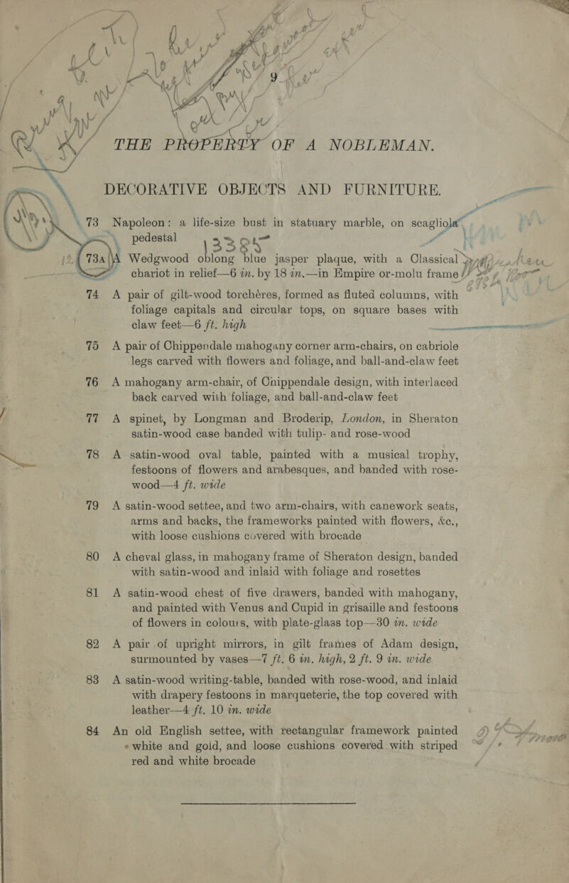   78 76 77 78 ua 80 81 82 83 84 pedestal &gt; Oi &gt;.¢ foliage capitals and circular tops, on square bases with claw feet—6 ft. hagh A pair of Chippendale mahogany corner arm-chairs, on cabriole legs carved with flowers and foliage, and ball-and-claw feet A mahogany arm-chair, of Cnippendale design, with interlaced back carved with foliage, and ball-and-claw feet A spinet, by Longman and Broderip, London, in Sheraton satin-wood case banded with tulip- and rose-wood A satin-wood oval table, painted with a musical trophy, festoons of flowers and arabesques, and banded with rose- wood—4 ft. wide A satin-wood settee, and two arm-chairs, with canework seats, arms and backs, the frameworks painted with flowers, &amp;c., with loose cushions covered with brocade A cheval glass, in mahogany frame of Sheraton design, banded with satin-wood and inlaid with foliage and rosettes A satin-wood chest of five drawers, banded with mahogany, and painted with Venus and Cupid in grisaille and festoons of flowers in colours, with plate-glass top—30 wm. wide A pair of upright mirrors, in gilt frames of Adam design, A satin-wood writing-table, banded with rose-wood, and inlaid with drapery festoons in marqueterie, the top covered with leather—4 ft. 10 in. wide An old English settee, with rectangular framework painted «white and gold, and loose cushions covered with striped red and white brocade ‘ ™m Va &gt;