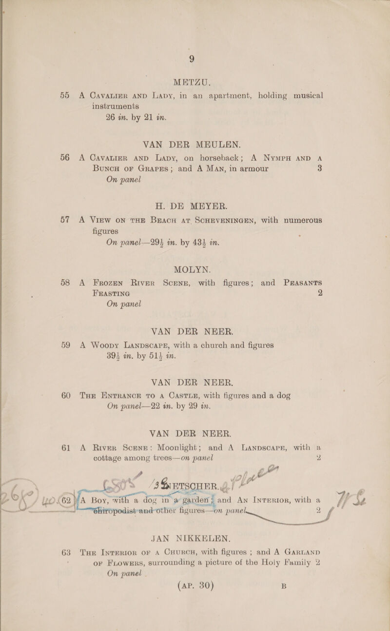 METZU. 55 A CavanieR AND Lapy, in an apartment, holding musical instruments 26 wm. by 21 im. VAN DER MEULEN. 56 A CavauiErR AND Lapy, on horseback; A NymMpH AND A BuncH oF GRAPES; and A MAN, in armour 3 On panel H. DE MEYER. 57 A View on THE Bracn at SCHEVENINGEN, with numerous figures On panel-—294 im. by 434 an. MOLYN. 58 A Frozen River Scent, with figures; and P#asants FEASTING 2 On panel VAN DER NEER. 59 A Woopy Lanpscare, with a church and figures 394 wm. by 514 an. VAN DER NEER. 60 THE ENTRANCE TO A CASTLE, with figures and a dog On panel—22 an. by 29 in. VAN DER NERER. 61 A River Scene: Moonlight; and A ULanpsoapn, with a cottage among trees—on panel y) F - yf y oe” /3 Sin TSCHER. J) apeacsie Aes 7 Pai,   JAN NIKKELEN. and A GARLAND On panel (AP. 30) B