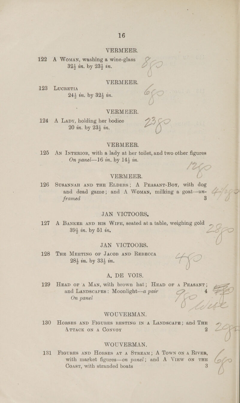 122 123 124 +326 126 127 128 129 130 131 16 VERMERR. A Womavy, washing a wine-glass Cs 324 an. by 234 20. / VERMEER. ; LUCRETIA vA 244 an. by 3824 an. ee VERMERR. A Lapy, holding her bodice a9 CA Lo 20 in. by 234 in. VERMERR. An InTeERIOR, with a lady at her toilet, and two other figures On panel—16 in. by 144 wm. VERMEER. SUSANNAH AND THE EnpERS; A Prasant-Boy, with dog | and dead game; and A Woman, milking a goat—un- <= 9 O framed 3 JAN VICTOORS, A BaNKER AND HIS WIFE, seated ata table, weighing gold __ 394 in. by 51 in. She JAN VICTOORS. | U THE MEETING OF JACOB AND REBECCA ee ee eg Dg / ee 284 wn. by 334 m. mee A, DE VOIS. Heap oF A Man, with brown hat; Heap oF Aa PEASANT; and Lanpscapres: Moonlight—a pair a, IN gy On panel ee ag  : ae : {} WOUVERMAN. Horses AND FIGURES RESTING IN A LANDSCAPE; and THE PS | ATTACK ON A Convoy 3 2c fj WOUVERMAN. FiauRES AND Horszs at A StreAM; A Town ona Riven, / with market figures—on panel; and A VIEW ON THE (@/-o Coast, with stranded boats 3 A