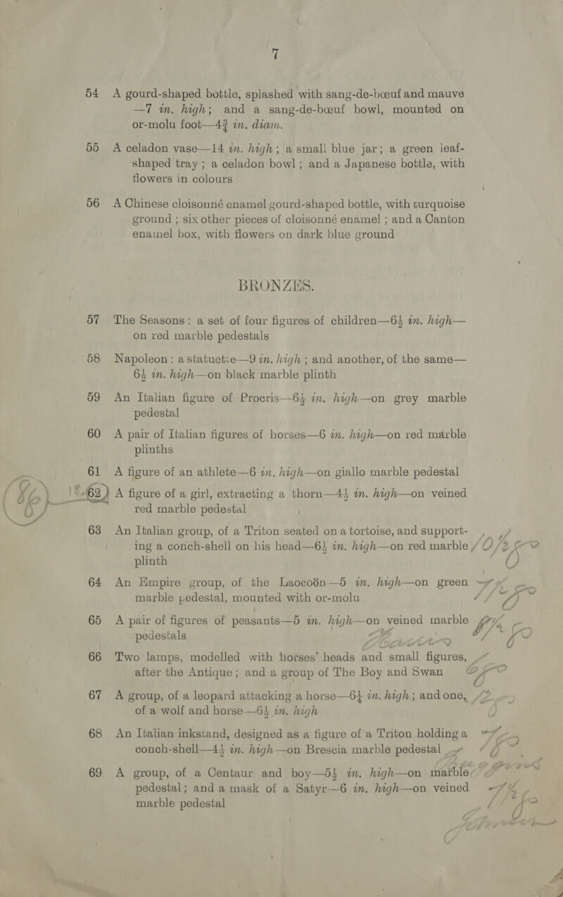 54 59 56 58 59 60 Be 61 as 64 65 66 67 68 69 aoe A gourd-shaped bottle, splashed with sang-de-boeuf and mauve —T m. high; and a sang-de-boeuf bowl, mounted on or-molu foot—4? im. diam. A celadon vase—14 in. high; a small blue jar; a green leaf- shaped tray ; a celadon bow!; and a Japanese bottle, with flowers in colours A Chinese cloisonné enamel gourd-shaped bottle, with turquoise ground ; six other pieces of cloisonné enamel ; and a Canton enaimel box, with flowers on dark blue ground BRONZES. The Seasons: a set of four figures of children—6} tn. Pe on red marble pedestals Napoleon : a statuetie—9 im. high ; and another, of the same— 64 om. high—on black marble plinth An Italian figure of Procris—6} in. high—on grey marble pedestal  plinths A figure of an athlete—6 an. high—on giallo marble pedestal | A figure of a girl, extracting a thorn—4} im. high—on veined red marble pedestal An Italian group, of a Triton seated on a tortoise, and support- plinth al Foo 4 —— marble pedestal, mounted with or-molu A pair of figures of peasants—5 im. high—on veined sa is pedestals Ss Two lamps, modelled with horses’ heads and all figures, ras of a wolf and horse—64 in. high An ltalian inkstand, designed as a figure of a Triton holding a conch-shell—44 im. high—on Brescia marble pedestal pedestal; and a mask of a Satyr—6 im. high—on veined marble pedestal ” pte y \ ’ i : = - in © “eo wn, Sf : Ps 9 ES, tine ¢