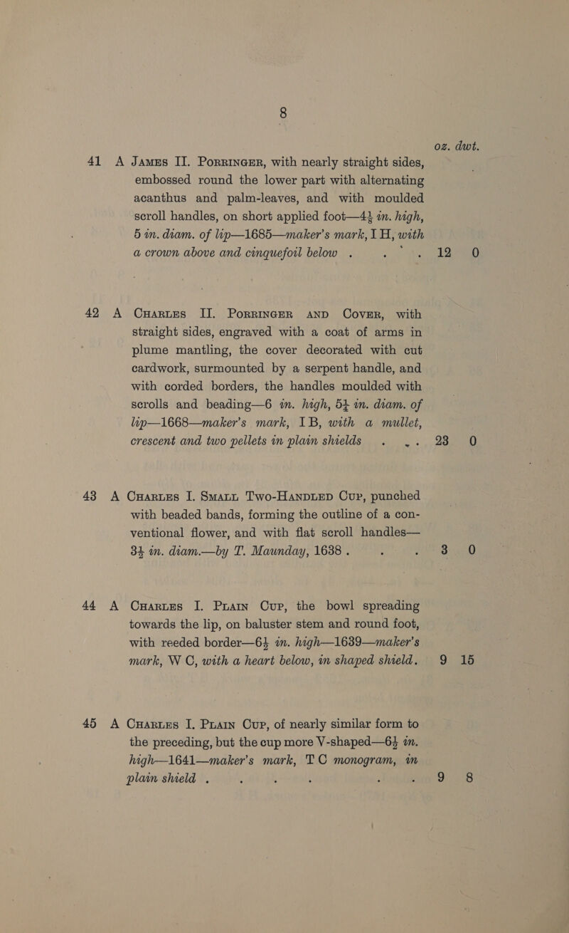 42 43 44 45 A embossed round the lower part with alternating acanthus and palm-leaves, and with moulded scroll handles, on short applied foot—4t wm. high, 5 an. diam. of ip—1685—maker’s mark, 1 H, with a crown above and cinqueforl below CHartes II. PorrinceR AND COVER, with straight sides, engraved with a coat of arms in plume mantling, the cover decorated with cut cardwork, surmounted by a serpent handle, and with corded borders, the handles moulded with scrolls and beading—6 im. high, 54 wm. diam. of lap—1668—maker’s mark, IB, with a mullet, crescent and two pellets in plain shields . .. A ventional flower, and with flat scroll handles— 34 mm. diam.—by T. Maunday, 1638 . Cuartes I. Prain Cur, the bowl spreading towards the lip, on baluster stem and round foot, with reeded border—6} in. hagh—1639—maker’s mark, W C, with a heart below, in shaped shield. the preceding, but the cup more V-shaped—6} 2. high—1641—maker’s mark, TC monogram, im plain sheld . oz. dwt. 1) 23 0 3 60 9 16 ae