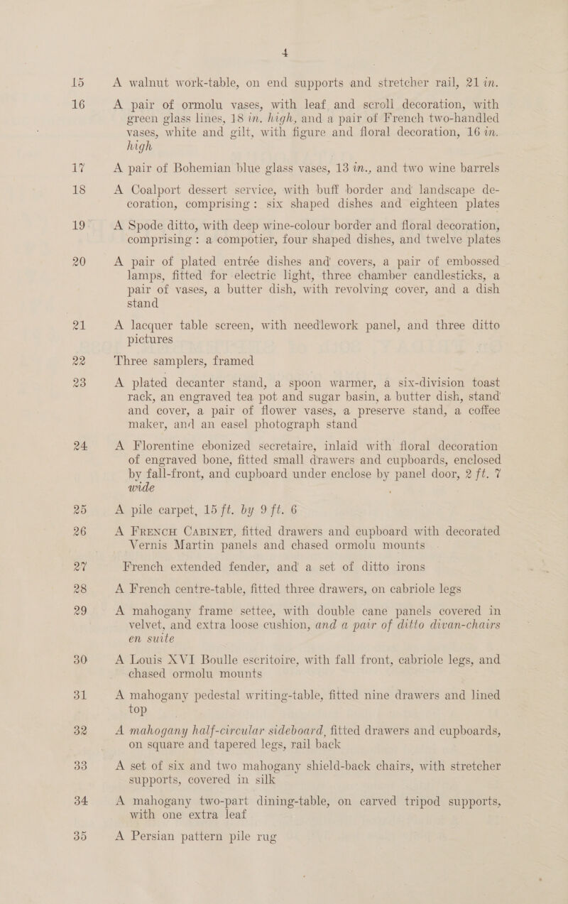 16 1 18 20 21 22 23 24: 25 26 ra 28 29 30) 31 BR 33 J4 35 + A walnut work-table, on end supports and stretcher rail, 21 in. A pair of ormolu vases, with leaf and scroll decoration, with green glass lines, 18 in. high, and a pair of French two-handled vases, white and gilt, with figure and floral decoration, 16 wn. high A pair of Bohemian blue glass vases, 13 im., and two wine barrels A Coalport dessert service, with buff border and landscape de- coration, comprising: six shaped dishes and eighteen plates A Spode ditto, with deep wine-colour border and floral decoration, comprising : a compotier, four shaped dishes, and twelve plates A pair of plated entrée dishes and' covers, a pair of embossed . lamps, fitted for electric light, three chamber candlesticks, a pair of vases, a butter dish, with revolving cover, and a dish stand A lacquer table screen, with needlework panel, and three ditto pictures Three samplers, framed A plated decanter stand, a spoon warmer, a six-division toast rack, an engraved tea pot and sugar basin, a butter dish, stand and cover, a pair of flower vases, a preserve stand, a coffee maker, and an easel photograph stand A Florentine ebonized secretaire, inlaid with floral decoration of engraved bone, fitted small drawers and cupboards, enclosed by fall-front, and cupboard under enclose ne panel door, 2 ft. 7 wide A pile carpet, 15 ft. by 9 ft. 6 A FRENCH CABINET, fitted drawers and cupboard with decorated Vernis Martin panels and chased ormolu mounts French extended fender, and a set of ditto irons A French centre-table, fitted three drawers, on cabriole legs A mahogany frame settee, with double cane panels covered in velvet, and extra loose cushion, and a pair of ditto divan-charrs en suite A Louis XVI Boulle escritoire, with fall front, cabriole legs, and chased ormolu mounts A mahogany pedestal writing-table, fitted nine drawers and lined top A mahogany half-circular sideboard, fitted drawers and cupboards, on square and tapered legs, rail back A set of six and two mahogany shield-back chairs, with stretcher supports, covered in silk A mahogany two-part dining-table, on carved tripod supports, with one extra leaf | A Persian pattern pile rug