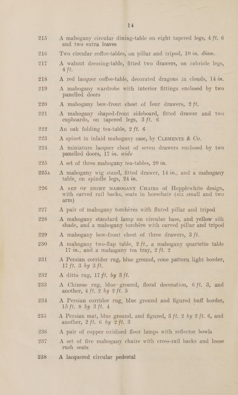 A mahogany circular dining-table on eight tapered legs, 4 ft. 6 and two extra leaves Two circular coffee-tables, on pillar and tripod, 10 in. diam. A walnut dressing-table, fitted two drawers, on cabriole legs, 4 ft. A red lacquer coffee-table, decorated dragons in clouds, 14 in. A mahogany wardrobe with interior fittings enclosed by two panelled doors A mahogany bow-front chest of four drawers, 2 ft. A mahogany shaped-front sideboard, fitted drawer and two cupboards, on tapered legs, 3 ft. An oak folding tea-table, 2 ft. 6 A spinet in inlaid mahogany case, by CLEMENTE &amp; Co. A miniature lacquer chest of seven drawers enclosed by two panelled doors, 17 wv. wide A set of three mahogany tea-tables, 20 in. A mahogany wig stand, fitted drawer, 14 1m., and a mahogany table, on spindle legs, 24 i. A SET OF EIGHT MAHOGANY CHAIRS of Hepplewhite design, with carved rail backs, seats in horsehair (six small and two arm) A pair of mahogany torchéres with fluted pillar and tripod A mahogany standard lamp on circular base, and yellow silk shade, and a mahogany torchére with carved pillar and tripod A mahogany bow-front chest of three drawers, 3 ft. A mahogany two-flap table, 2 ft., a mahogany quartette table 17 m., and a mahogany tea tray, 2 ft. 2 A Persian corridor rug, blue ground, cone pattern light border, If ft. esby Sat. A ditto rug, 17 ft. by 3ft. A Chinese rug, blue» ground, floral decoration, 6 ft. 3, and another, 4 ft. 2 by 2ft. 3 A Persian corridor rug, blue ground and figured buff border, LS ft. Sxbg- 8 fi. 4 A Persian mat, blue ground, and neured, 3 ft. 2 by 2 ft. 6, ame. another, 2ft. 6 by 2ft. 3 A pair of copper oxidised floor lamps with reflector bowls A set of five mahogany chairs with cross-rail backs and loose rush seats A lacquered circular pedestal