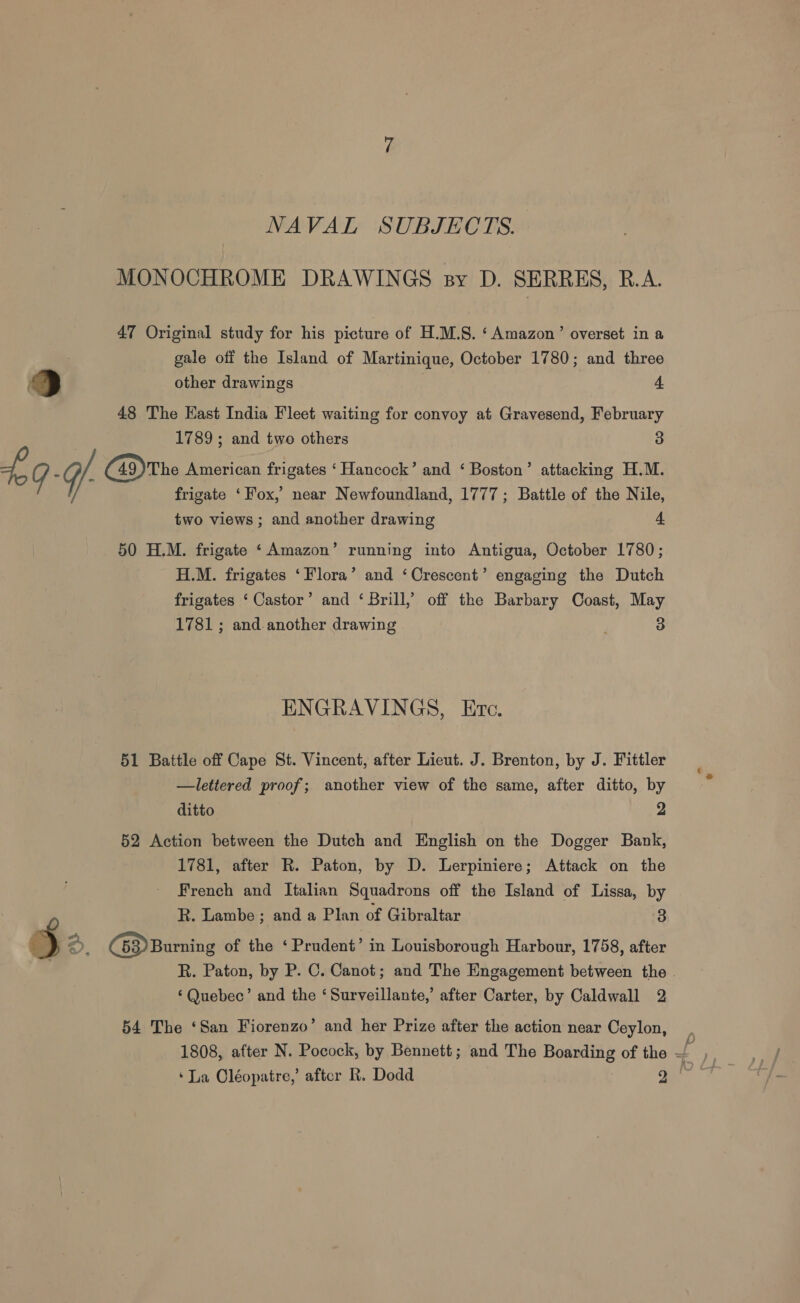 NAVAL SUBJECTS. MONOCHROME DRAWINGS sy D. SERRES, R.A. 47 Original study for his picture of H.M.S. ‘Amazon’ overset in a gale off the Island of Martinique, October 1780; and three | other drawings 4. 48 The East India Fleet waiting for convoy at Gravesend, February 1789; and two others 3 £9 Y (49) The American frigates ‘Hancock’ and ‘ Boston’ attacking H.M. frigate ‘Fox, near Newfoundland, 1777; Battle of the Nile, two views ; and another drawing 4 50 H.M. frigate ‘ Amazon’ running into Antigua, October 1780; H.M. frigates ‘Flora’ and ‘Crescent’ engaging the Dutch frigates ‘ Castor’ and ‘ Brill,’ off the Barbary Coast, May 1781 ; and.another drawing 3 ENGRAVINGS, Erc. 51 Battle off Cape St. Vincent, after Lieut. J. Brenton, by J. Fittler —lettered proof; another view of the same, after ditto, by ditto 2 52 Action between the Dutch and English on the Dogger Bank, | 1781, after R. Paton, by D. Lerpiniere; Attack on the French and Italian Squadrons off the Island of Lissa, by R. Lambe ; and a Plan of Gibraltar 3 > rs ) C2 Burning of the ‘ Prndent? in Louisborough Harbour, 1758, after ‘Quebec’ and the ‘Surveillante,’ after Carter, by Caldwall 2