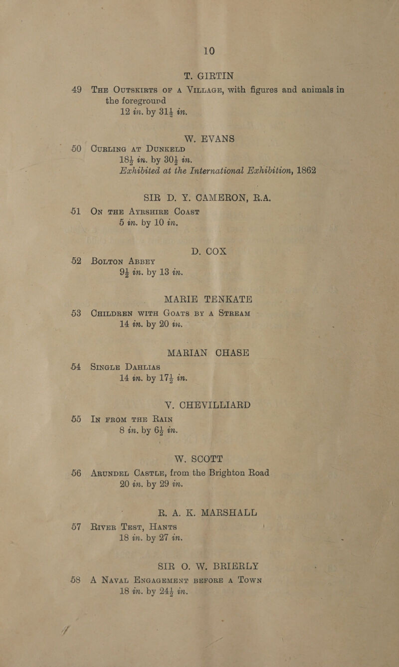 49 30 51 53 54 915) 56 57 58 10 T. GIRTIN THe OvuTsKIRTS OF A VILLAGE, with figures and animals in the foreground 12 i. by 314 an. W. EVANS CurLING AT DUNKELD 184 on. by 804 a. Exhibited at the International Exhibttion, 1862 SIR D. Y. CAMERON, B.A. On THE AYRSHIRE CoAst 5 in. by 10 an. D. COX Botton ABBEY 94 in. by 13 a. MARIE TENKATE CHILDREN WITH GOATS BY A STREAM - 14 am. by 20 a. MARIAN CHASE SINGLE DAHLIAS 14 in. by 174 a. V. CHEVILLIARD IN FROM THE RAIN 8 in. by 64 tm. W. SCOTT ARUNDEL CastTLE, from the Brighton Road 20 in. by 29 a. R. A. K. MARSHALL River Test, Hants ) 18 in. by 27 in. R SIR O. W. BRIERLY A Navat ENGAGEMENT BEFORE A TOWN