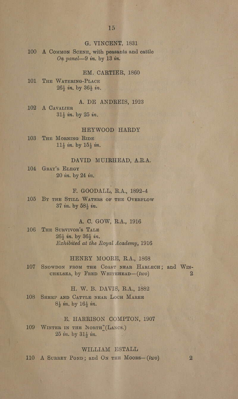 by G. VINCENT, 1831 100 A Common ScENE, with peasants and cattle On panel—9 in. by 13 tn. EM. CARTIER, 1860 101 THe WarTeErRina-PLACE 264 im. by 364 an. A. DE ANDRBEIS, 1923 102 A CAVALIER 314 in. by 25 an, HEYWOOD HARDY 103 THe Mornine RIDE 114 in. by 154 an. DAVID MUIRHEAD, A.B.A. 104 Gray’s Eveay 20 an. by 24 an. F, GOODALL, B.A., 1892-4 105 By rae Stinn WATERS OF THE OVERFLOW 37 in. by 584 am. A. C. GOW, R.A., 1916 106 Tur Survivor’s TALE 264 wm. by 364 in. Hahibited at the Royal Academy, 1916 HENRY MOORH, B.A., 1868 107 SNowpoN FROM THE CoAsT NEAR HARLECH; and WIn- CHELSEA, by FreD WHITEHEAD—(two) 2. H. W. B. DAVIS, R.A., 1882 108 SHeEer anpD CaTrLuE NEAR LocH MAREE 84 wm. by 164 in. HK. HARRISON COMPTON, 1907 109. WINTER IN THE NortH’(Lancs.) 25 m. by 314 an. WILLIAM ESTALL