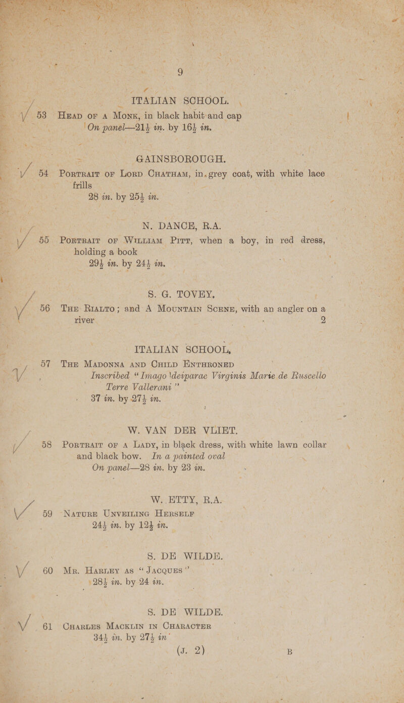  ve * hae Be V8 |. FRALIAN SCHOOL. ' | Ape elas oS ia: 53 Huan OF A Monk, in black habit. ‘and cap — ‘a 1 eee oo Me TOM, panel—21} im. by 164 in. et Uy “pace ae fs 4 7 eh ss | = r . * : | \ a } ; ‘ x Soe GAINSBOROUGH. WA ee Bs. Vf 54 Porrrart oF Lorp CHATHAM, in. grey coat, ae white lace By ae wae | te o8 iris a ie | | SS ; Reo SP BB un. by 254: an. | aa ; i | ee ee / | _N. DANCE, B.A. tee f i V 55 Portrait or Wini1am Prrr, when a boy, in red dress, : ae holding a book z ss 5294 an. by 24am. * ; a ae of eG TONEY, 7 ec Ef vA 56 THe Riauto; and A Mountain Scens, with an angler on a cn aie ny ge river | . 2 Oa 4 re) ITALIAN SCHOOL, | | oe - _, OT Tur Maponna anp Cuinp ENTHRONED | eas ; 1, is | Inscribed Imago Iderparae Vorgints Marte de Buseello } ae ern x 7 : Terre Vallerani ”’ ; / 37 im by 274 an. Gi W. VAN DER VUIBET. 3 if 58 Porrrarr or a Lapy, in black dress, with white lawn collar \ | and black bow. In a painted oval Ate | ee, On panel—28 in. by 23 an. ‘ . ee | We HTT Y.oR.A; \ 59 Nature UnvEininc HersELr 241 im. by 124 a. ; S. DE WILDE. ) \/ 60 Mr. Harney as “ Jacquus” 3 (ABN ag /284 wn. by 24 an. : Oe 8. DE WILDE. ” of 61 CHarLES MACKLIN IN CHARACTER : 344 on. by 27k in’ | ; | &lt; S(Teeee) B y \ ;