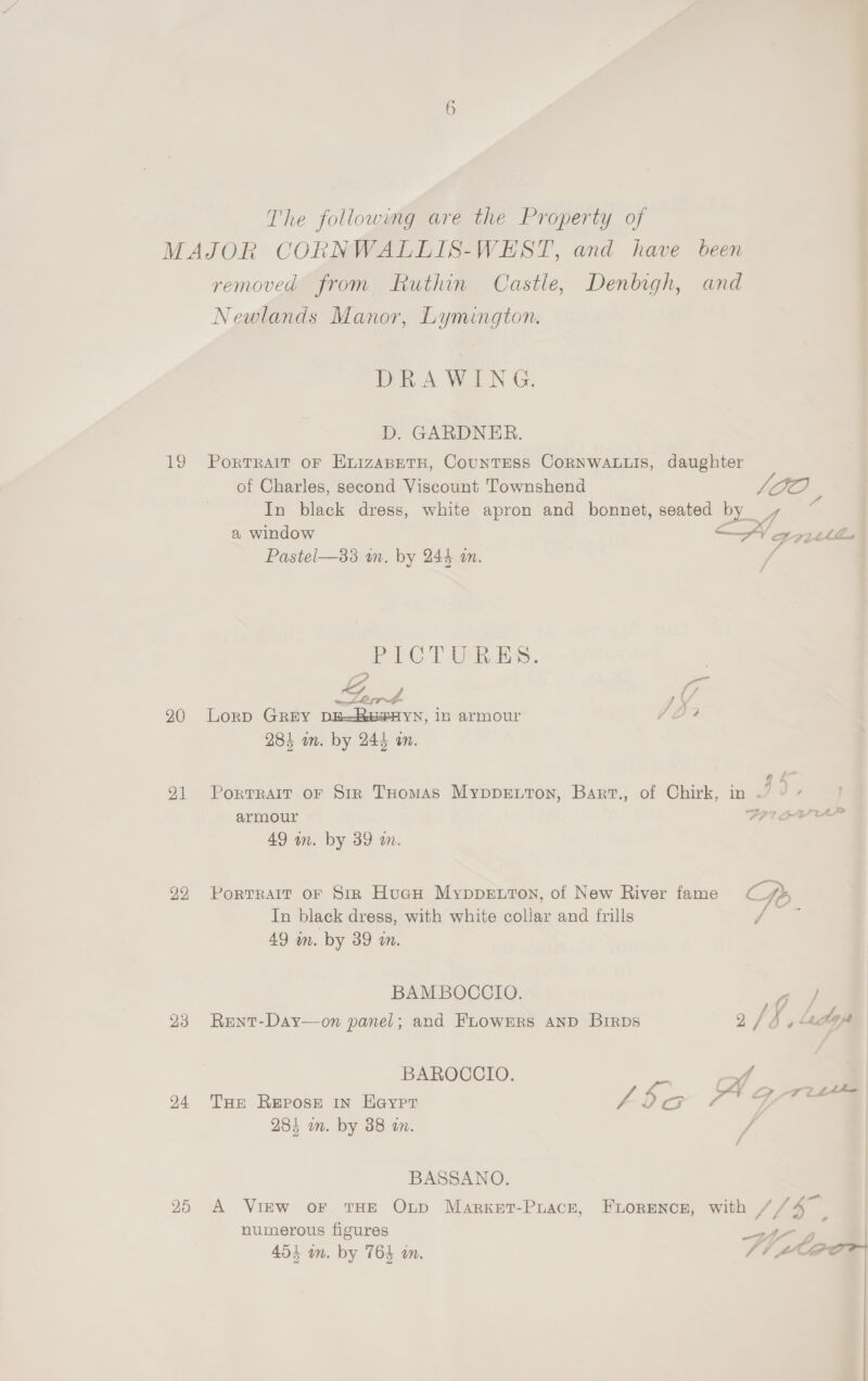 The following are the Property of MAJOR CORNWALLIS-WEST, and have been removed from Ruthin Castle, Denbigh, and Newlands Manor, Lymington. DRA WON G. D. GARDNER. 19 Portrait oF HuizaABETH, CounTESS CORNWALLIS, daughter of Charles, second Viscount Townshend LO In black dress, white apron and bonnet, seated by 7 a window oe oz zu Pastel—33 in. by 244 i. 4 PICTURES. | aa re ee Ts a a 290 Lorp GREY DE=RSPHYN, in armour VO? 284 um. by 244 an. 91 Portrait oF Sir THomas Mypprnton, Bart., of Chirk, in ~ © ¢ 49 mm. by 39 m. 22 PortTRAIT OF Sir HucH Myppexton, of New River fame Ce In black dress, with white collar and frills / 49 m. by 39 m. BAMBOCCIO. aoe Llu BAROCCIO. f 284 wm. by 38 on. BASSANO. 25 A Virw or THE Ox~p Marget-Puace, FLORENCE, with //4 numerous figures A 2