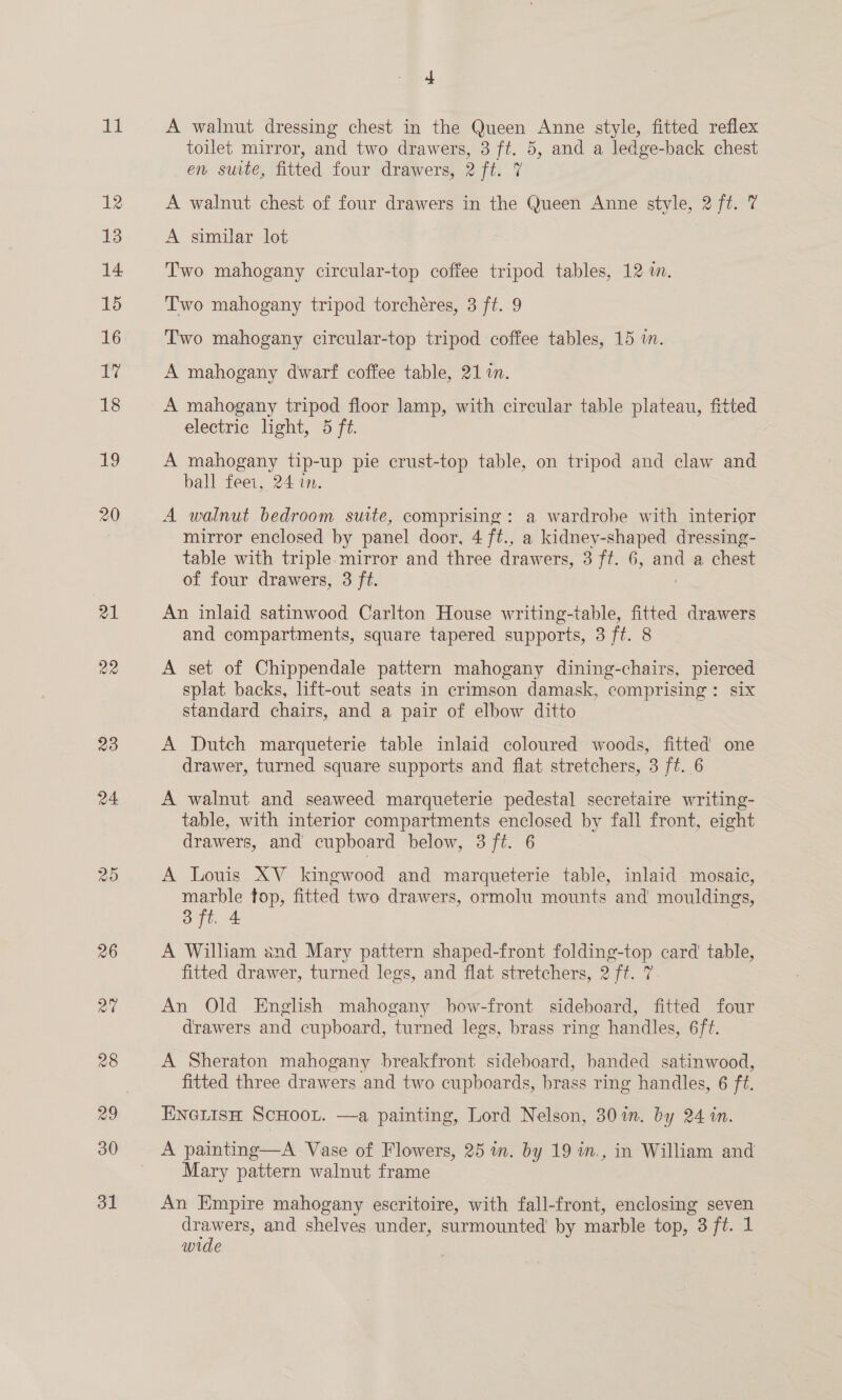 da 12 13 14 15 16 1% 18 19 20 21 22 23 24 es A walnut dressing chest in the Queen Anne style, fitted reflex toilet mirror, and two drawers, 3 ft. 5, and a ledge-back chest en suite, fitted four drawers, 2 ft. 7 A walnut chest of four drawers in the Queen Anne style, 2 ft. 7 A similar lot Two mahogany circular-top coffee tripod tables, 12m. Two mahogany tripod torchéres, 3 ft. 9 Two mahogany circular-top tripod coffee tables, 15 im. A mahogany dwarf coffee table, 211. A mahogany tripod floor lamp, with circular table plateau, frtted electric light, 5 ft. i A mahogany tip-up pie crust-top table, on tripod and claw and ball feei, 24 in. A walnut bedroom suite, comprising: a wardrobe with interior mirror enclosed by panel door, 4 ft., a kidney-shaped dressing- table with triple. mirror and three drawers, 3 ft. 6, and a chest of four drawers, 3 ft. An inlaid satinwood Carlton House writing-table, fitted drawers and compartments, square tapered supports, 3/7t. 8 A set of Chippendale pattern mahogany dining-chairs, pierced splat backs, lift-out seats in crimson damask, comprising: six standard chairs, and a pair of elbow ditto A Dutch marqueterie table inlaid coloured woods, fitted’ one drawer, turned square supports and flat stretchers, 3 ft. 6 A walnut and seaweed marqueterie pedestal secretaire writing- table, with interior compartments enclosed by fall front, eight drawers, and cupboard below, 3 ft. 6 A Louis XV kingwood and marqueterie table, inlaid mosaic, marble top, fitted two drawers, ormolu mounts and mouldings, 3 ft. 4 A William and Mary pattern shaped-front folding-top card table, fitted drawer, turned legs, and flat stretchers, 2 ft. 7 An Old English mahogany bow-front sideboard, fitted four drawers and cupboard, turned legs, brass ring handles, 6ft. A Sheraton mahogany breakfront sideboard, banded satinwood, fitted three drawers and two cupboards, brass ring handles, 6 ft. EneiisH ScHOOL. —a painting, Lord Nelson, 30%n. by 24 in. A painting—A Vase of Flowers, 25 in. by 19 in., in William and Mary pattern walnut frame An Empire mahogany escritoire, with fall-front, enclosing seven drawers, and shelves under, surmounted by marble top, 3 fé. 1 wide