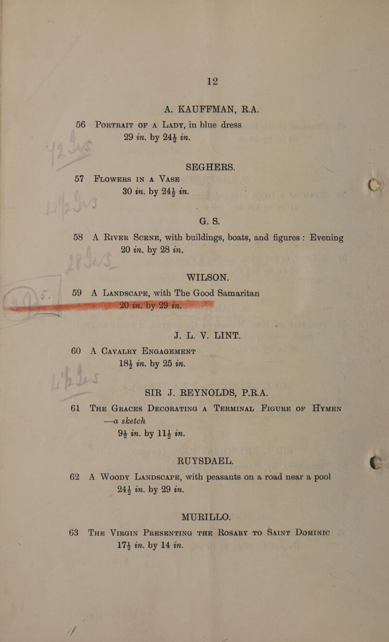 A. KAUFFMAN, R.A. 56 Portrait oF A Lapy, in blue dress 29 in. by 244 in. SEGHERS. 57 FLOWERS IN A VASE . (: 30 in. by 244 an. G. S. 58 A River Scene, with buildings, boats, and figures: Evening 20 in. by 28 an. WILSON. A LanpscapPEz, with The Good Samaritan ee | BO tn. DY 2d tn.  J. L. V. LINT. 60 A CavatRy ENGAGEMENT 184 an. by 25 i. SIR J. REYNOLDS, P.R.A. 61 THe Graces Decorating A TERMINAL FIGURE OF HyYMEN —a sketch 94 m. by 114 m. RUYSDAEL. Cc 62 A Woopy Lanpscape, with peasants on a road near a pool 244 an. by 29 an. MURILLO. 63 THe VirGin PRESENTING THE Rosary TO Saint DomINIc 174 in. by 14 m.
