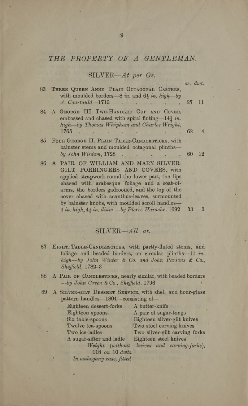 THE PROPERTY OF A GENTLEMAN. SILVER—Azét per Oz. oz. dwt. THREE QUEEN ANNE PLAIN OcTAGONAL CASTERS, with moulded borders—8 im. and a m. cea ay is A. Courtauld—1713 : 27 «il A Gerorce III. Two-HanptEp Cur AND COVER, embossed and chased with spiral fluting—14# i. high—by Thomas ieee and Charles Wrig a 1765 62 4 Four GrEorGcE I]. Puain TasLe-CanDLESTICKS, with baluster stems and moulded ree: me | by John Wisdom, 1728. 60 12 A PAIR OF WILLIAM AND MARY SILVER- GILT PORRINGERS AND COVERS, with applied strapwork round the lower part, the lips chased with arabesque foliage and a coat-of- arms, the borders gadrooned, and the top of the cover chased with acanthus-leaves, surmounted by baluster knobs, with moulded scroll handles— 4 in. high, 44 in. diam.—- by Pierre Harache, 1692 33 3 SILVER—AUL at. Hicut. TABLE-CANDLESTICKS, with partly-fluted stems, and foliage and beaded borders, on circular plinths—11 in. high—by John Wwter &amp; Co. and John Parsons &amp; Co., Sheffield, 1782-3 A Pair oF CANDLESTICKS, nearly similar, with beaded borders —-by John Green &amp; Co., Sheffield, 1796 . A SILVER-GILT DrEssERT SERVICE, with shell and hour-glass pattern handles—1804 —consisting of— HKighteen dessert-forks A butter-knife HKighteen spoons A pair of sugar-tongs Six table-spoons Highteen silver-gilt knives Twelve tea-spoons Two steel carving knives Two ice-ladles Two silver-gilt carving forks A sugar-sifter and ladle Highteen steel knives Weight (without knives and carving-forks), 118 oz. 10 dwis. : In mahogany case, fitted