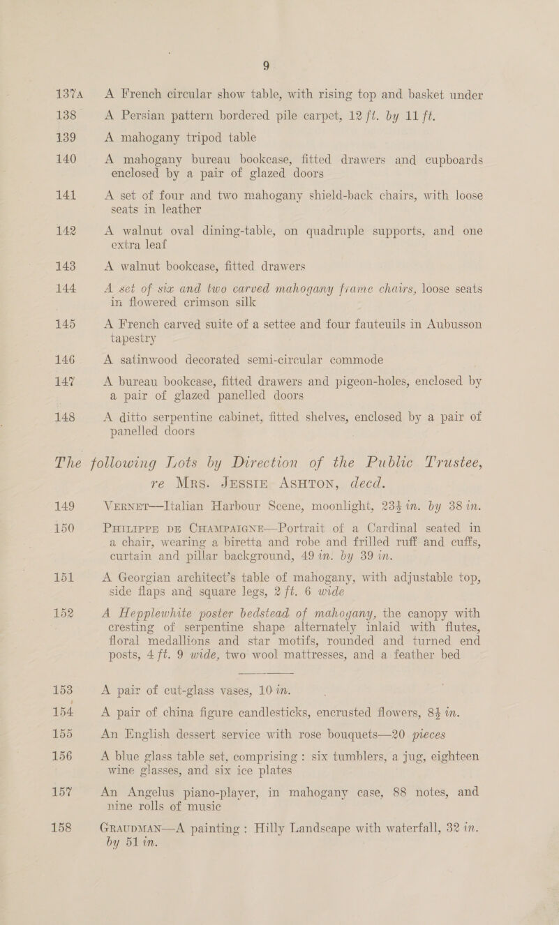 137A ae ou 439 140 141 142 143 144 145 146 147 148 9 A French circular show table, with rising top and basket under A Persian pattern bordered pile carpet, 12 ft. by 11 ft. A mahogany tripod table A mahogany bureau bookcase, fitted drawers and cupboards enclosed by a pair of glazed doors A set of four and two mahogany shield-back chairs, with loose seats in leather A walnut oval dining-table, on quadruple supports, and one extra leaf A walnut bookease, fitted drawers A set of sia and two carved mahogany frame chavrs, loose seats in flowered crimson silk A French carved suite of a settee and four fauteuils in Aubusson tapestry A gsatinwood decorated semi-circular commode A bureau bookease, fitted drawers and pigeon-holes, enclosed by a pair of glazed panelled doors A ditto serpentine cabinet, fitted shelves, enclosed by a pair of panelled doors 149 150 151 152 153 154 155 156 157 158 re Mrs. JESSIE ASHTON, decd. VERNET—Italian Harbour Scene, moonlight, 234i. by 38 in. PHILIPPE DE CHAMPAIGNE—Portrait of a Cardinal seated in a chair, wearing a biretta and robe and frilled ruff and cuffs, curtain and pillar background, 49 in. by 39 in. A Georgian architect’s table of mahogany, with adjustable top, side flaps and square legs, 2 ft. 6 wide A Hepplewhite poster bedstead of mahogany, the canopy with cresting of serpentine shape alternately inlaid with flutes, floral medallions and star motifs, rounded and turned end posts, 47¢. 9 wide, two wool mattresses, and a feather bed A pair of cut-glass vases, 10 in. A pair of china figure candlesticks, encrusted flowers, 84 in. An Iinglish dessert service with rose bouquets—20_ pueces A blue glass table set, comprising : six tumblers, a jug, eighteen wine glasses, and six ice plates An Angelus piano-player, in mahogany case, 88 notes, and nine rolls of music GRAUDMAN—A painting : Hilly Landscape with waterfall, 32 in. by 51 1%n. |