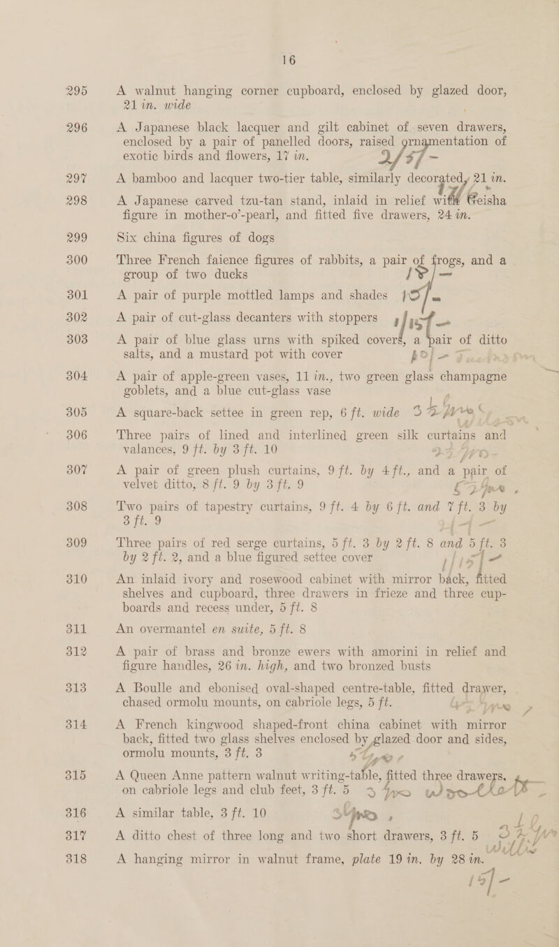 A walnut hanging corner cupboard, enclosed by glazed door, 21 im. wide A Japanese black lacquer and gilt cabinet of seven drawers, enclosed by a pair of panelled doors, raised grnamentation of exotic birds and flowers, 17 in. af $; /§; , A bamboo and lacquer two-tier table, similarly joerg 21 mM. A Japanese carved tzu-tan stand, inlaid in relief wild Ciichs figure in mother-o’-pearl, and fitted five drawers, 24 a. Six china figures of dogs Three French faience figures of rabbits, a pair of frogs, and a | group of two ducks |  A pair of purple mottled lamps and shades A pair of cut-glass decanters with stoppers Wf 57 A pair of blue glass urns with spiked covers air of ditto salts, and a mustard pot with cover po] - A pair of apple-green vases, 11 in., two green 1a champagne goblets, and a blue cut-glass vase : L¢ A square-back settee in green rep, 6ft. wide 32 fre Three pairs of lined and interlined green silk lg es and valances, 9 ft. by 3 ft. 10 => De A pair of green. plush -curains, 94%. by Aji. and : a pair of welvel dittoment.<9- 0g 3 7tO CDGM | fi. e T'wo pairs of tapestry curtains, 9 ft. 4 . 6 ft. and ye 3 ey ait Three pairs of red serge curtains, 5 ft. 3 by 2ft. 8 eS, 5 ft 3 by 2 ft. 2, and a blue figured eae cover j fig 7 - An inlaid ivory and rosewood cabinet with mirror bee “Hited shelves and cupboard, three drawers in frieze and three cup- boards and recess under, 5 ft. 8 | An overmantel en suite, 5 ft. 8 A pair of brass and bronze ewers with amorini in relief and figure handles, 26 in. high, and two bronzed busts A Boulle and ebonised oval-shaped centre-table, fitted qraee chased ormolu mounts, on cabriole legs, 5 ft. Po? Ane > v eh | ee ; 4 A French kingwood shaped-front china cabinet with mirror back, fitted two glass shelves enclosed by, glazed door and sides, ormolu mounts, 3 fo3 + Ce y A Queen Anne pattern walnut w viene fitted three drawers, g. on cabriole legs and club feet, 3 Me 5 34s Woetl LAX ; A similar table, 3 ft. 10 . A ditto chest of three long and two short drawers, 3 ft. 5 o &amp; a 4/  A hanging mirror in walnut frame, plate 19 in. by 28 wm. / 5 re