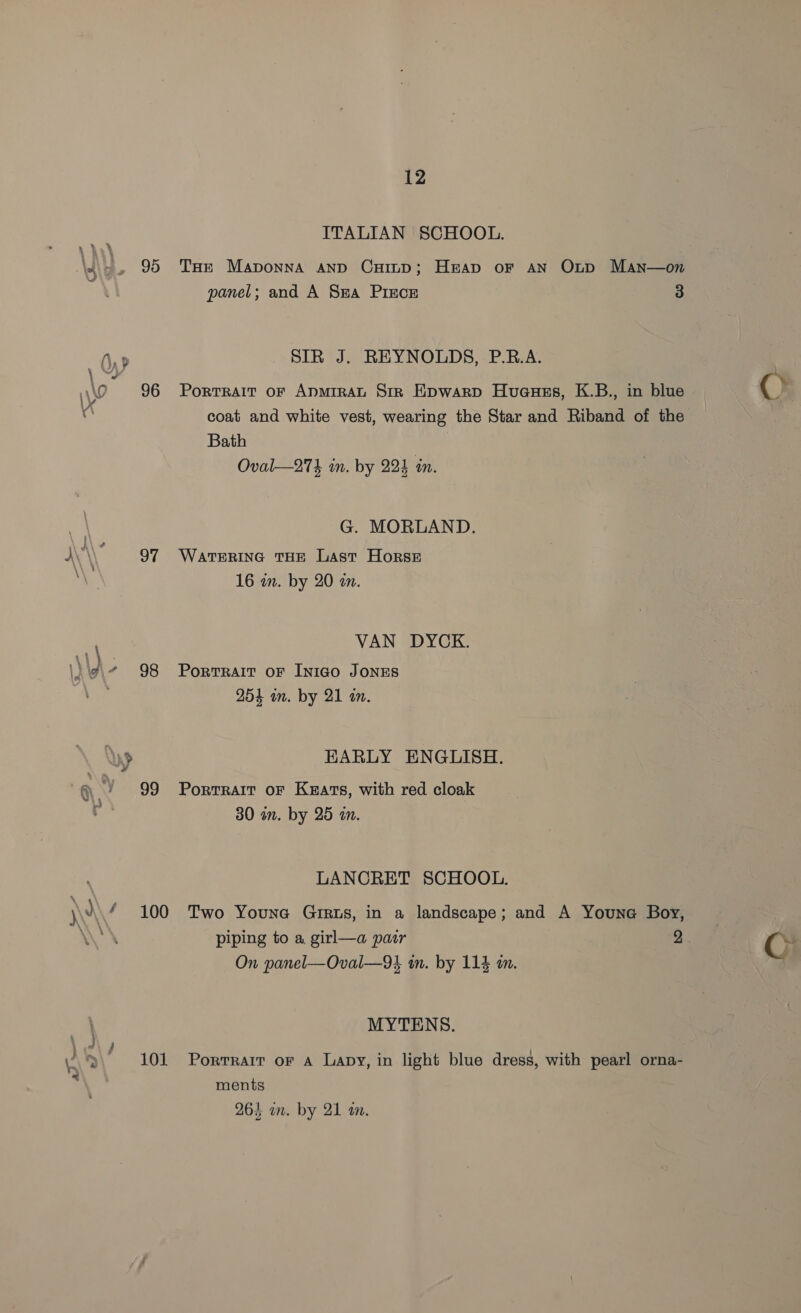 ITALIAN SCHOOL. \J 1 , 95 THe Maponna and Cuinp; Heap or AN Otp Man—on panel; and A Sra Piece 3 A. SIR J. REYNOLDS, P.RB.A. \ “+ \\\0 96 Portrait oF AnmrraL Sir Epwarp Huaues, K.B., in blue C) 4 coat and white vest, wearing the Star and Riband of the © Bath Oval—274 in. by 224 in. G. MORLAND. 4\ 97 Watering THE Last Horse : 16 in. by 20 in. VAN DYCK. ¢ 98 Portrait or Inigo Jonzs 254 im. by 21 an. . ae ATT EARLY ENGLISH. 99 Portrait oF Keats, with red cloak 30 an. by 25 mm. LANCRET SCHOOL. \\ ‘ 100 Two Youne Girus, in a landscape; and A Youne Boy, WN piping to a girl—a pair a. C On panel—Oval—9% in. by 114 im. MYTENS. } / 5 wi \\ 101 Porrratr or a Lapy, in light blue dress, with pearl orna- ments