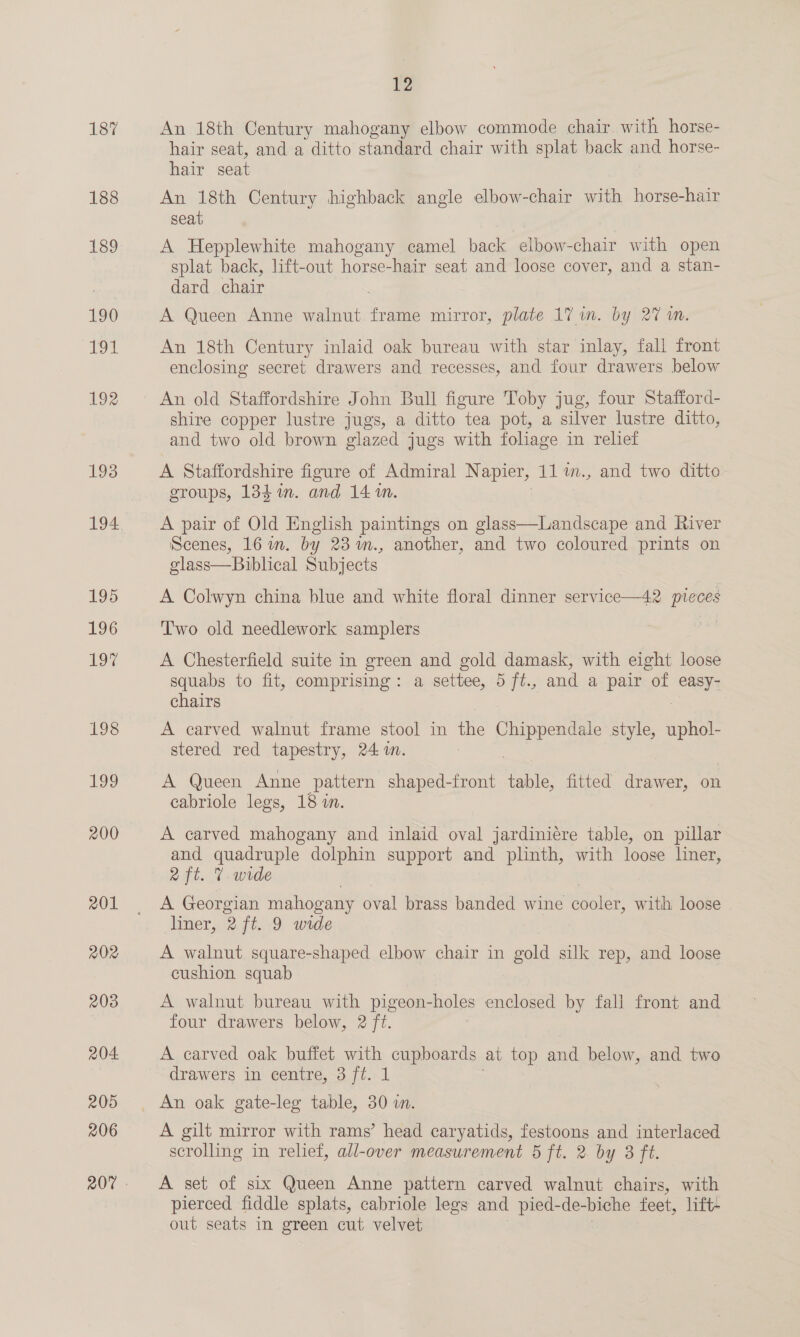 L8H 188 189 190 TIE 192 193 194. 195 196 10% 198 199 200 201 202 203 204. 205 206 12 An 18th Century mahogany elbow commode chair with horse- hair seat, and a ditto standard chair with splat back and horse- hair seat An 18th Century highback angle elbow-chair with horse-hair seat A Hepplewhite mahogany camel back elbow-chair with open splat back, lift-out horse-hair seat and loose cover, and a stan- dard chair A Queen Anne walnut. frame mirror, plate 17 in. by 27 in. An 18th Century inlaid oak bureau with star inlay, fall front enclosing secret drawers and recesses, and four drawers below An old Staffordshire John Bull figure Toby jug, four Stafford- shire copper lustre jugs, a ditto tea pot, a silver lustre ditto, and two old brown glazed jugs with foliage in relief A Staffordshire figure of Admiral Napier, 11 %m., and two ditto groups, 134 %in. and 14 1. A pair of Old English paintings on glass—Landscape and River Scenes, 16 in. by 23 m., another, and two coloured prints on glass—Biblical Subjects A Colwyn china blue and white floral dinner service—42 pieces Two old needlework samplers | A Chesterfield suite in green and gold damask, with eight loose squabs to fit, comprising: a settee, 5 ft., and a pair of easy- chairs | A carved walnut frame stool in the eee Se style, uphol- stered red tapestry, 24 i. : A Queen Anne pattern shaped-tront She fitted drawer, on cabriole legs, 18 in. A carved mahogany and inlaid oval jardiniere table, on pillar and quadruple dolphin support and plinth, with loose liner, 2ft. 7. wide A Georgian mahogany oval brass sane wine cooler, with loose liner, 2 ft. 9 wide A walnut square-shaped elbow chair in gold silk rep, and loose cushion squab A walnut bureau with pigeon-holes enclosed by fall front and four drawers below, 2 ft. A carved oak buffet with cupboards at top and below, and two drawers in centre, 3 ft. 1 An oak gate-leg table, 30 in. A gilt mirror with rams’ head caryatids, festoons and interlaced scrolling in relief, all-over measurement 5 ft. 2. by 3 ft. A set of six Queen Anne pattern carved walnut chairs, with pierced fiddle splats, cabriole legs and pied- de-biche feet, litt- out seats in green cut velvet