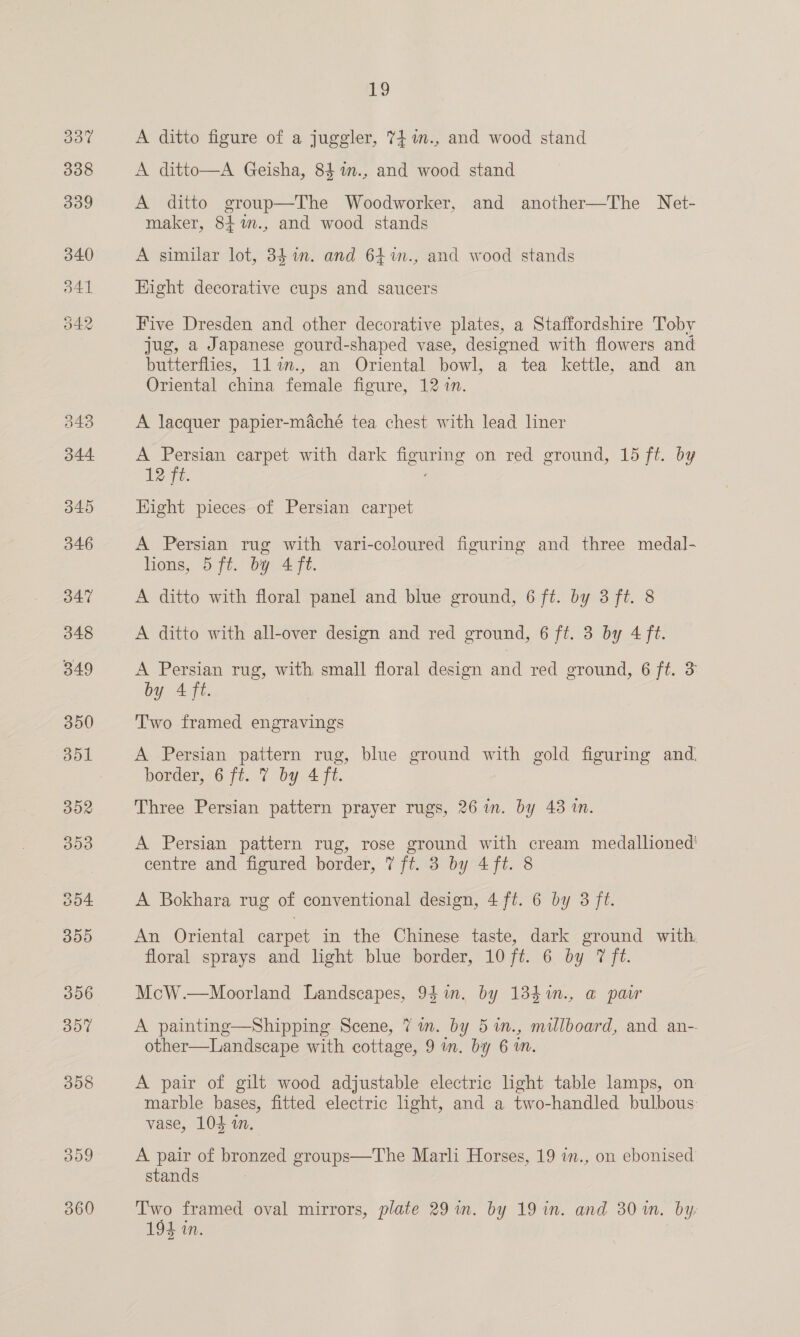 A ditto figure of a juggler, 74.m., and wood stand A ditto—A Geisha, 84%m., and wood stand A ditto group—The Woodworker, and another—The Net- maker, 84%m., and wood stands A similar lot, 34 in. and 64%n., and wood stands Hight decorative cups and saucers Five Dresden and other decorative plates, a Staffordshire Toby jug, a Japanese gourd-shaped vase, designed with flowers and butterflies, 11lim., an Oriental bowl, a tea kettle, and an Oriental china female figure, 12 in. A lacquer papier-maché tea chest with lead liner A Persian carpet with dark figuring on red ground, 15 ft. by Lert: ‘ Hight pieces of Persian carpet A Persian rug with vari-coloured figuring and three medal- lions, 5 ft. by 4 ft. A ditto with floral panel and blue ground, 6 ft. by 3 ft. 8 A ditto with all-over design and red ground, 6 ft. 3 by 4 ft. A Persian rug, with small floral design and red ground, 6 ft. 3 by 4 ft. Two framed engravings A Persian pattern rug, blue ground with gold figuring and. border, 6 ft. 7 by 4 ft. Three Persian pattern prayer rugs, 26 in. by 43 in. A Persian pattern rug, rose ground with cream medallioned' centre and figured border, 7 ft. 3 by 4 ft. 8 A Bokhara rug of conventional design, 4 ft. 6 by 3 ft. An Oriental carpet in the Chinese taste, dark ground with. floral sprays and light blue border, 10 ft. 6 by 7 ft. McW.—Moorland Landscapes, 94 in. by 134%n., a pair A painting—Shipping Scene, 7 wm. by 5 in., millboard, and an-- other—Landscape with cottage, 9 in. by 6 m. A pair of gilt wood adjustable electric light table lamps, on marble bases, fitted electric light, and a two-handled bulbous: vase, 104 in. A pair of bronzed groups—The Marli Horses, 19 in., on ebonised stands Two framed oval mirrors, plate 29 in. by 19 in. and 30m. by 194 in.