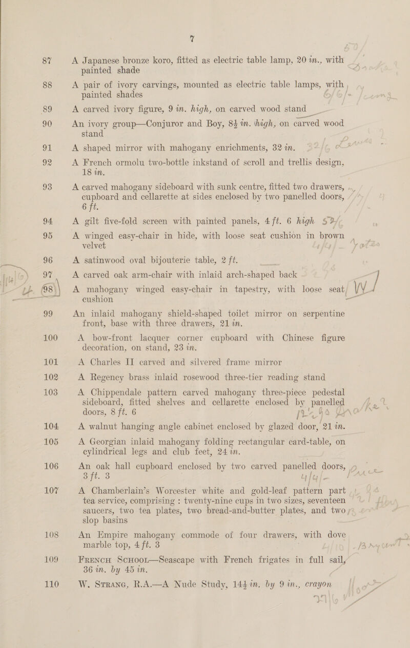 110 4 painted shade painted shades A carved ivory figure, 9 i. high, on carved wood stand An ivory group—Conjuror and Boy, 84m. thagh, on carved wood stand A shaped mirror with mahogany enrichments, 32%. A French ormolu two-bottle inkstand of scroll and trellis design, 18 wn. cupboard and cellarette at sides enclosed by two panelled doors, 6 ft. A gilt five-fold screen with painted panels, 4/ft. 6 high. S3, A winged easy-chair in hide, with loose seat cushion in brown velvet | A satinwood oval bijouterie table, 2 ft. A carved oak arm-chair with inlaid arch-shaped back cushion An inlaid mahogany shield-shaped toilet mirror on serpentine front, base with three drawers, 21 1. A bow-front lacquer corner cupboard with Chinese figure decoration, on stand, 23 in. | | A Charles II carved and silvered frame mirror A Regency brass inlaid rosewood three-tier reading stand A Chippendale pattern carved mahogany three-piece pedestal doors, 8 fe. 6 rhe | A walnut hanging angle cabinet enclosed by glazed don 21 in. A Georgian inlaid mahogany folding rectangular card-table, on cylindrical legs and club feet, 24. aft. 3 ti fey |. A Chamberlain’s Worcester white and gold-leaf eee part tea service, comprising : twenty-nine cups in two sizes, seventeen slop basins An Empire eae commode of four drawers, with dove marble top, 4 ft. 3 | FRENCH ScHooL—NSeascape with French frigates in full sail, 36 in. by 45 iM. W. Srrane, R.A.—A Nude Study, 14 in. by 91n., crayon