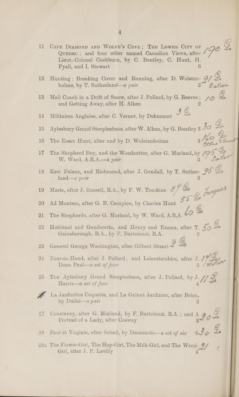 A a 11 Carr Diamonp AnD Wo.uFe’s Cove; THE Lower City or I) G QuEBEC ; and four other named Canadian Views, after L ya Lieut.-Colonel Cockburn, by C. Bentley, C. Hunt, H. Pyall, and 1. Stewart 6 12 Hunting: Breaking Cover and Running, after D. Wolsten- BW G, . holme, by T. Sutherland—a pair 2 Sashem 13 Mail Coach in a Drift of Snow, after J. Pollard, by G. Reeves; sa <= and Getting Away, after H. Alken 2 it NS 14 Mbilitaires Anglaise, after C. Vernet, by Debucourt 15 Aylesbury Grand Steeplechase, after W. Alken, by G. Bentley 3 E oO flo 4 16 The Essex Hunt, after and by D. Wolstenholme ‘Cehear to 17 The Shepherd Boy, and the Woodcutter, after G. Morland, by (99, oe W. Ward, A.R.A.—a pair 2 an 18 Kew Palace, and Richmond, after J. Gendall, by T. Suther- I &amp;, land—a pair 2 19 Maria, after J. Russell, R.A., by P. W. Tomkins 2/ v G, e tig 20 Ad Montem, after G. B. Campion, by Charles Hunt 3 g A 21 The Shepherds, after G. Morland, by W. Ward, A.R.A. bo 22 Hobbinol and Ganderetta, and Henry and Emma, after T. $0 Gainsborough, R.A. te Bartolozzi, R.A. rf 2 93 General George Washington, after Gilbert Stuart~ ~“* (le 24 Four-in-Hand, after J. Pollard; and Leicestershire, after J. fF oa? a 25 The Aylesbury Grand Steeplechase, afier J. Pollard, by J. vii g Harris—a set of four ee YS La Jardiniére Coquette, and Le Galant Jardinier, after Brion, . by Duthé—a pair 2 27 Constancy, after G. Morland, by F. Bartolozzi, R.A.; and AD g Portrait of a Lady, after Cosway oO Sg 28 Paul et Virginie, after Schall, by Descourtis—a set of siz 6J Oo Le 284 The Flower-Girl, The Hop-Girl, The Milk-Girl, and The Wood- ae Girl, after J. oa Levilly ( 