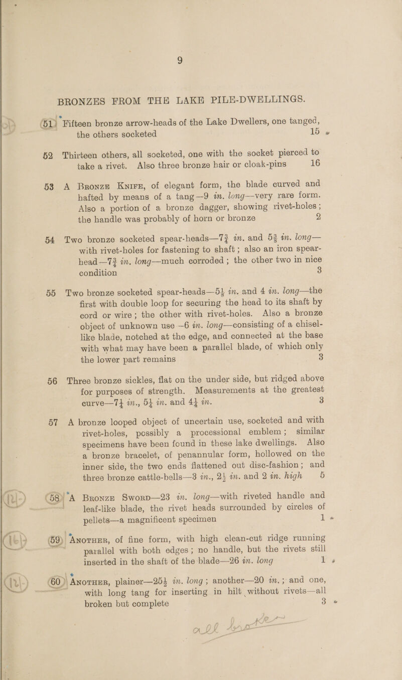 BRONZES FROM THE LAKE PILE-DWELLINGS. 6D “Fifteen bronze arrow-heads of the Lake Dwellers, one tanged, the others socketed 15 52 Thirteen others, all socketed, one with the socket pierced to take a rivet. Also three bronze hair or cloak-pins 16 53 A Bronze Kunis, of elegant form, the blade curved and hafted by means of a tang—9 m. long—very rare form. Also a portion of a bronze dagger, showing rivet- holes ; the handle was probably of horn or bronze 2 54 Two bronze socketed spear-heads—7? in. and 53 am. long— with rivet-holes for fastening to shaft; also an iron spear- head —73 in. long—much corroded ; the other two in nice condition 3 55 Two bronze socketed spear-heads—5} in. and 4 in. long—the first with double loop for securing the head to its shaft by cord or wire; the other with rivet-holes. Also a bronze object of unknown use —6 in. long—consisting of a chisel- like blade, notched at the edge, and connected at the base with what may have been a parallel blade, of which only the lower part remains 3 56 Three bronze sickles, flat on the under side, but ridged above for purposes of strength. Measurements at the greatest curve—T7} in., 54 in. and 44 am. 3 57 A bronze looped object of uncertain use, socketed and with rivet-holes, possibly a processional emblem; similar specimens have been found in these lake dwellings. Also a bronze bracelet, of penannular form, hollowed on the inner side, the two ends flattened out disc-fashion ; and three bronze cattle-bells—3 im., 24 in. and 2in. high = 8 . leaf-like blade, the rivet heads surrounded by circles of peliets—a magnificent specimen aH! 59) ‘Avoruer, of fine form, with high clean-cut ridge running parallel with both edges; no handle, but the rivets still inserted in the shaft of the blade—26 in. long le 60) AnotuEr, plainer—254 in. long; another—20 m.; and one, with long tang for inserting in hilt without rivets—all