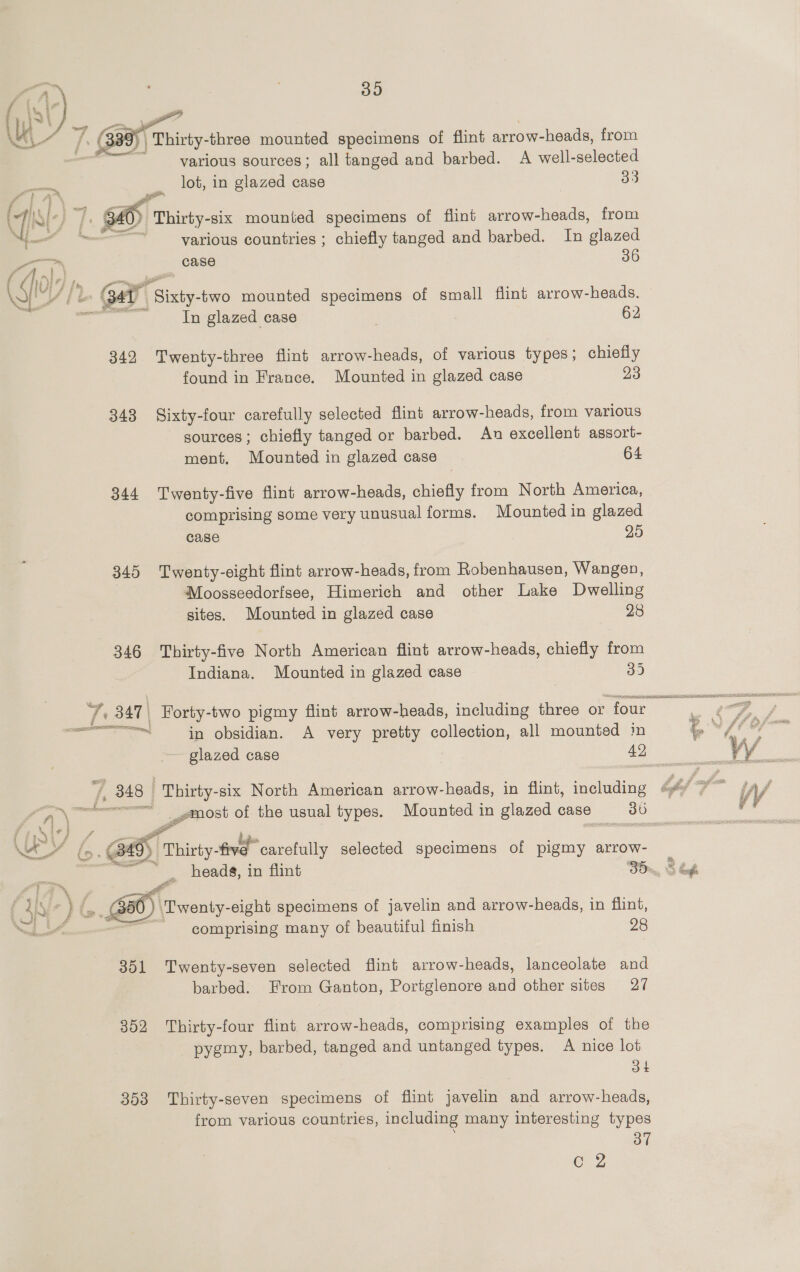 / — ' . 7 35 NSD /. (389) | Thirty-three mounted specimens of flint arrow-heads, from various sources; all tanged and barbed. A well-selected lot, in glazed case | 33 340) / Thirty- six mounted specimens of flint arrow-heads, from ly various countries ; chiefly tanged and barbed. In glazed case 36 » Gat “Sixty- two mounted specimens of small flint arrow-heads. In glazed case 62 342 Twenty-three flint arrow-heads, of various types; chiefly found in France. Mounted in glazed case 23 343 Sixty-four carefully selected flint arrow-heads, from various sources; chiefly tanged or barbed. An excellent assort- ment. Mounted in glazed case 64 344 Twenty-five flint arrow-heads, chiefly from North America, comprising some very unusual forms. Mounted in glazed case 25 345 Twenty-eight flint arrow-heads, from Robenhausen, Wangen, Moosseedorfsee, Himerich and other Lake Dwelling sites. Mounted in glazed case 28 346 Thirty-five North American flint arrow-heads, chiefly from Indiana. Mounted in glazed case 35 Fi » 347) Horty- -two pigmy flint arrow-heads, including three or four in obsidian. A very pretty collection, all mounted im te beg glazed case 49, = vy _ 2 /, 348 Thirty-six North American arrow-heads, in flint, including bff yy fA\ —agenost of the usual types. Mounted in glazed case 36 Vy a | £9) Thinty-tn carefully selected specimens of pigmy arrow- 7 3 _ heads, in flint 25, Seah ‘\ . > a f a HH. GO). ‘Twenty-eight specimens of javelin and arrow-heads, in flint, pws eae. comprising many of beautiful finish 28 351 Twenty-seven selected flint arrow-heads, lanceolate and barbed. From Ganton, Portglenore and other sites 27 352 Thirty-four flint arrow-heads, comprising examples of the pygmy, barbed, tanged and untanged types. A nice lot 34 353 Thirty-seven specimens of flint javelin and arrow-heads, from various countries, including many interesting types 37 CLZ