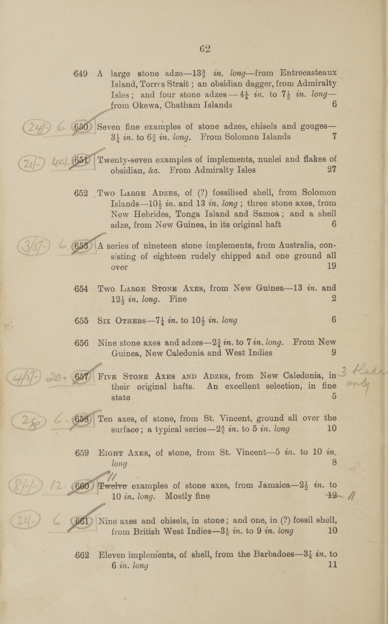 649 A large stone adze—133 im. long—from Hntrecasteaux Island, Torres Strait ; an obsidian dagger, from Admiralty Isles; and four stone adzes— 4+ im. to 74 om. long— _from Okewa, Chatham Islands 6 630) ieee fine examples of stone adzes, chisels and gouges— 34 in. to 63 am. a From Soloman Islands 7 ie examples of implements, nuclei and flakes of obsidian, &c. From Admiralty Isles 27 652 Two Larce Apzss, of (?) fossilised shell, from Solomon Islands—i04 im. and 13 in. long ; three stone axes, from New Hebrides, Tonga Island and Samoa; and a shell adze, from New Guinea, in its original haft 6 4 » A series of nineteen stone implements, from Australia, con- sisting of eighteen rudely chipped and one ground all over 19 654 Two Larner Stone Axss, from New Guinea—13 im. and 124 an. long. Hine : 2 655 Srx OtnERs—7} m. to 104 on. long 6 656 Nine stone axes and adzes—23 in.to Tin.long. From New Guinea, New Caledonia and West Indies 9 YA | 4 well) * 657 Five Stone Axres anp ApzeEs, from New Caledonia, in ~ ee their original hafts. An excellent selection, in fine state ge : (658) Ten axes, of stone, from St. Vincent, ground all over the 7 ~~ surface; a typical series—25 im. to 5 in. long © 10. 659 Exeut Axzs, of stone, from St. Vincent—d in. to 10 in, _long 8 660. ‘Twelve exniapies of stone axes, from Jamaica—2} wm. to er 10 in. long. Mostly fine 412 ff f » Nine axes and chisels, in stone; and one, in (?) fossil shell, from British West Indies—3} i. to 9 an. tong 10 662 Eleven implements, of shell, from the Barbadoes—3% an. to 6 in. long ig ~~ ll *