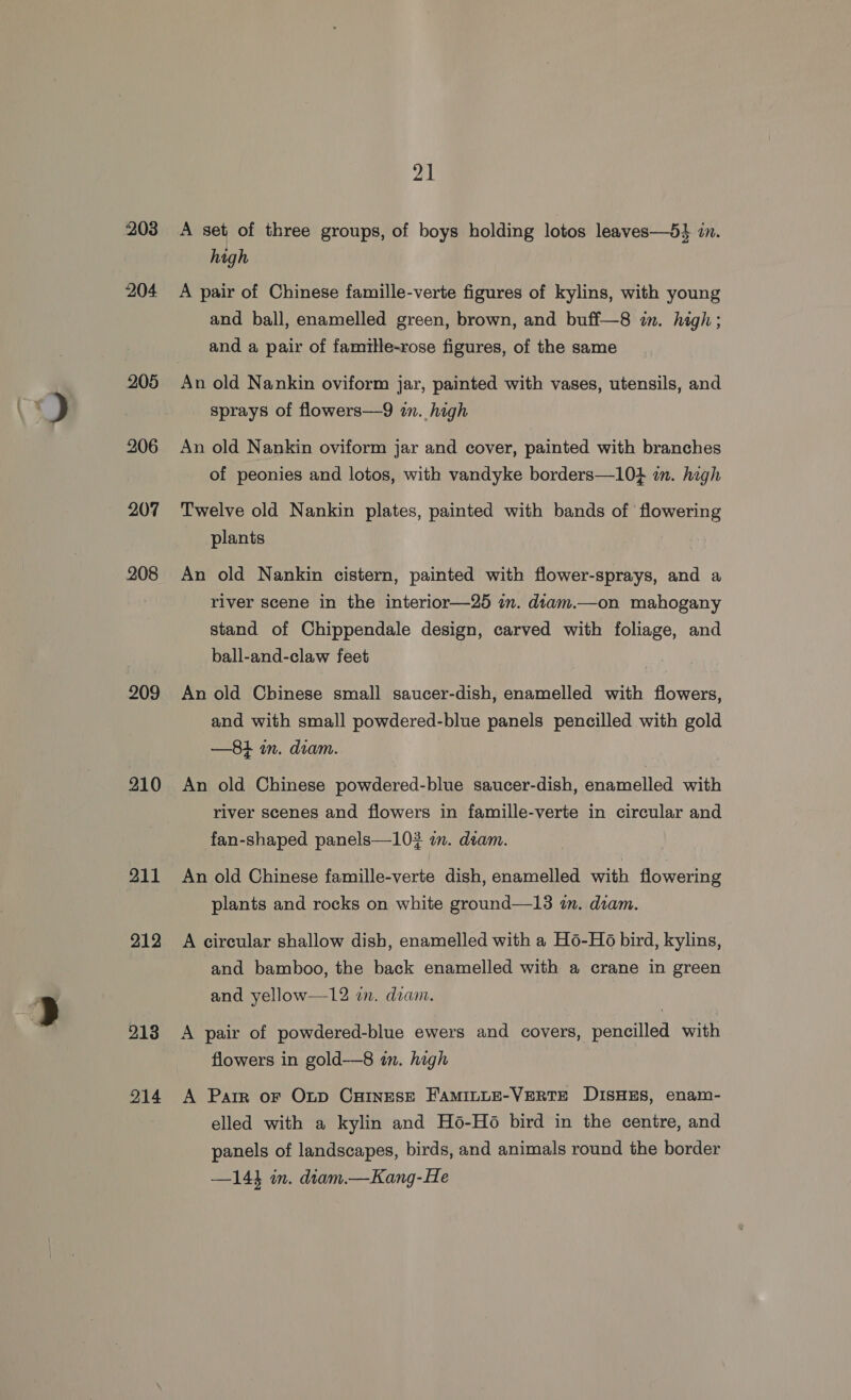 203 204 205 206 207 208 209 210 211 212 213 214 21 A set of three groups, of boys holding lotos leaves—5} in. high A pair of Chinese famille-verte figures of kylins, with young and ball, enamelled green, brown, and buff—8 in. high; and a pair of famile-rose figures, of the same An old Nankin oviform jar, painted with vases, utensils, and sprays of flowers—9 in. high An old Nankin oviform jar and cover, painted with branches of peonies and lotos, with vandyke borders—10} im. high Twelve old Nankin plates, painted with bands of ' flowering plants An old Nankin cistern, painted with flower-sprays, and a river scene in the interior—25 in. diam.—on mahogany stand of Chippendale design, carved with foliage, and ball-and-claw feet An old Chinese small saucer-dish, enamelled with flowers, and with small powdered-blue panels pencilled with gold —81 in. diam. An old Chinese powdered-blue saucer-dish, enamelled with river scenes and flowers in famille-verte in circular and fan-shaped panels—103 in. diam. An old Chinese famille-verte dish, enamelled with flowering plants and rocks on white ground—13 in. diam. A circular shallow dish, enamelled with a H6-H6 bird, kylins, and bamboo, the back enamelled with a crane in green and yellow—12 in. dram. A pair of powdered-blue ewers and covers, pencilled with flowers in gold-—8 in. high A Parr oF Oxp CHINESE FAMILLE-VERTE DISHES, enam- elled with a kylin and Ho6-H6 bird in the centre, and panels of landscapes, birds, and animals round the border —14} in. diam.—Kang-He