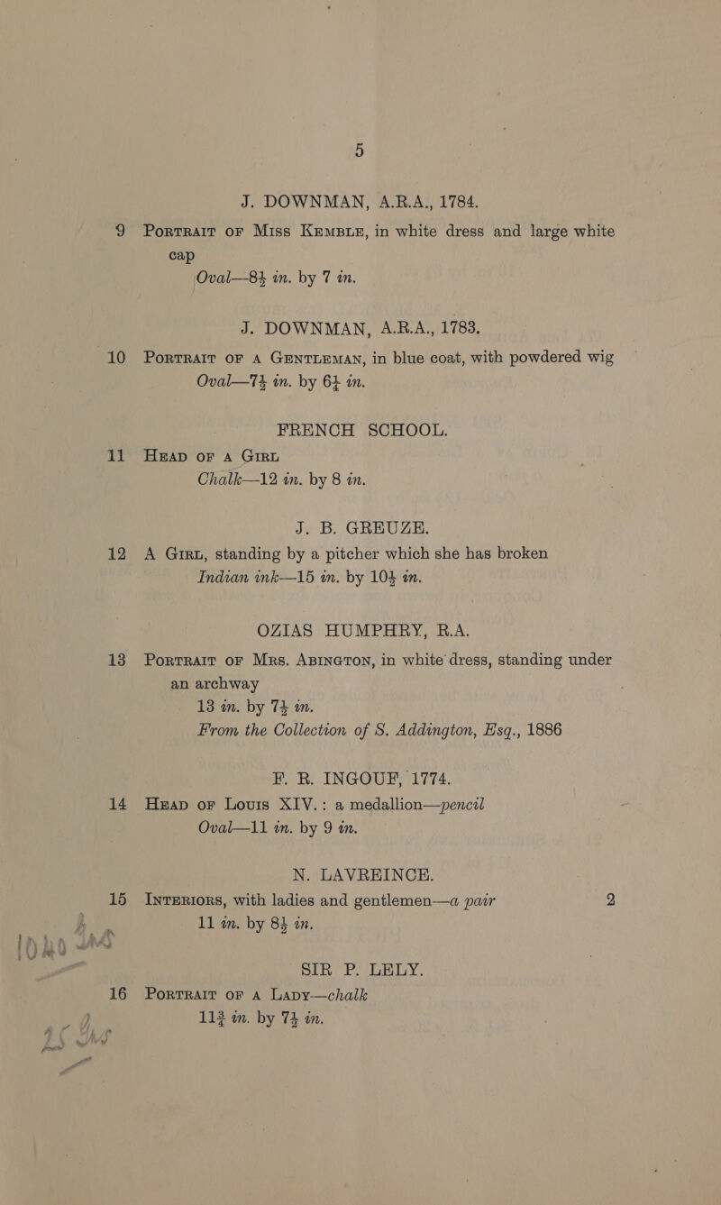 prndte 12 13 14 15 16 J. DOWNMAN, A.R.A., 1784. Portralt OF Miss KemsBue, in white dress and large white cap J. DOWNMAN, A.B.A., 1783. PoRTRAIT OF A GENTLEMAN, in blue coat, with powdered wig J. B. GREUGE. A Girt, standing by a pitcher which she has broken Indian ink—15 wn. by 104 an.  OZIAS HUMPHRY, R.A. Portrait oF Mrs. ABINGTON, in white dress, standing under an archway 13 m. by 74 m. From the Collection of S. Addington, E'sq., 1886 F. R. INGOUF, 1774. Heap or Louis XIV.: a medallion—pencil Oval—1]1 in. by 9 tn. N. LAVREINCEHE. INTERIORS, with ladies and gentlemen—a pair 2 11 wm. by 84 in. Bik: PGR LY. PorRTRAIT OF A Lapy—chalk 113 im. by Thin.