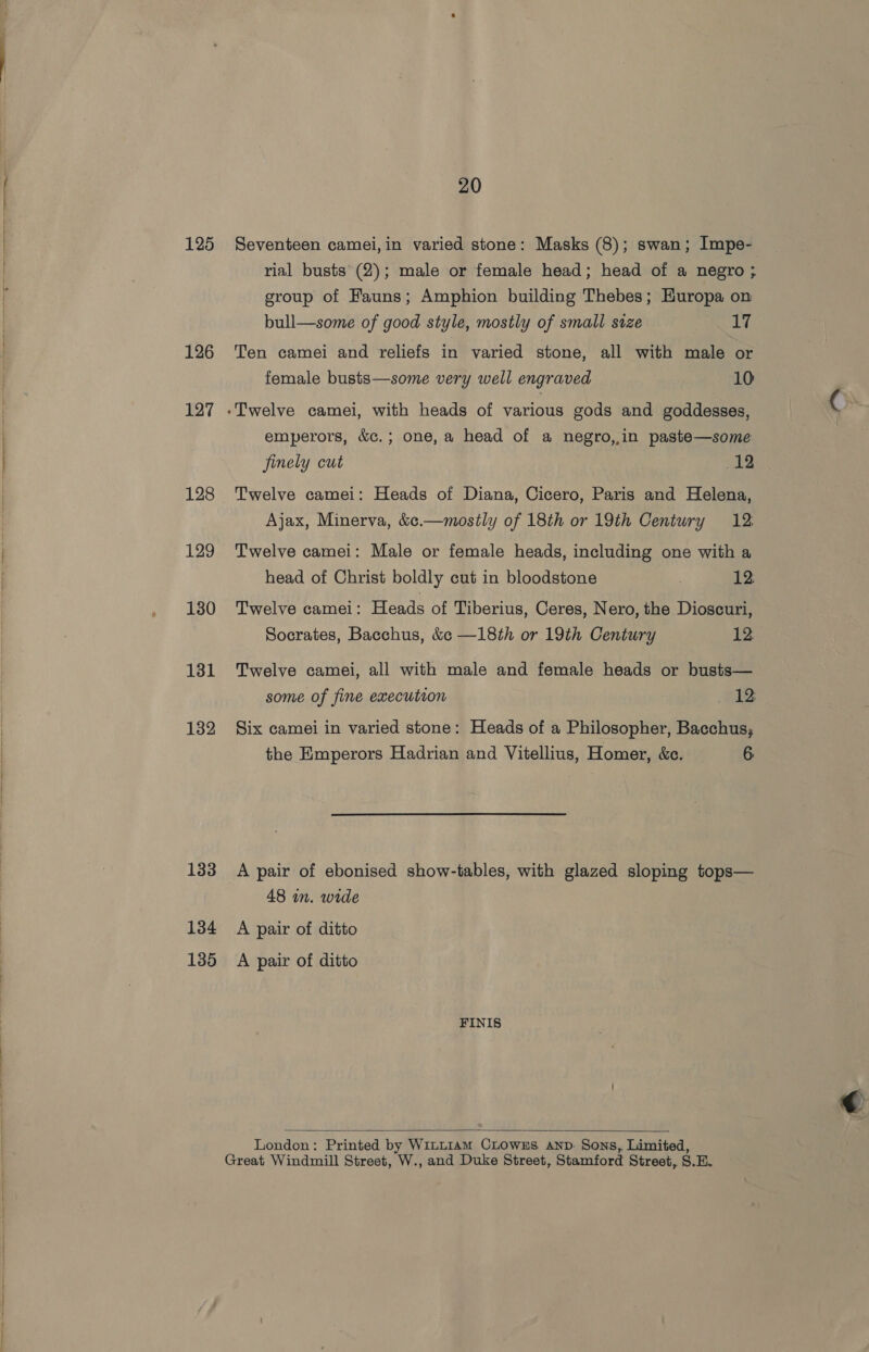 125 126 127 128 129 130 131 132 133 134 135 20 Seventeen camei,in varied stone: Masks (8); swan; Impe- rial busts’ (2); male or female head; head of a negro ; group of Fauns; Amphion building Thebes; Huropa on bull—some of good style, mostly of small size 17 Ten camei and reliefs in varied stone, all with male or female busts—some very well engraved 10 emperors, &amp;c.; one, a head of a negro, in paste—some finely cut 12 Twelve camei: Heads of Diana, Cicero, Paris and Helena, Ajax, Minerva, &amp;¢.—mostly of 18th or 19th Century 12 Twelve camei: Male or female heads, including one with a head of Christ boldly cut in bloodstone ? 12. Twelve camei: Heads of Tiberius, Ceres, Nero, the Dioscuri, Socrates, Bacchus, &amp;¢ —18th or 19th Century 12. Twelve camei, all with male and female heads or busts— some of fine execution pie Six camei in varied stone: Heads of a Philosopher, Bacchus; the Emperors Hadrian and Vitellius, Homer, &amp;c. 6 A pair of ebonised show-tables, with glazed sloping tops— 48 in. wide A pair of ditto A pair of ditto FINIS  London: Printed by WiL~LIaAm CLOWES AND: Sons, Limited,