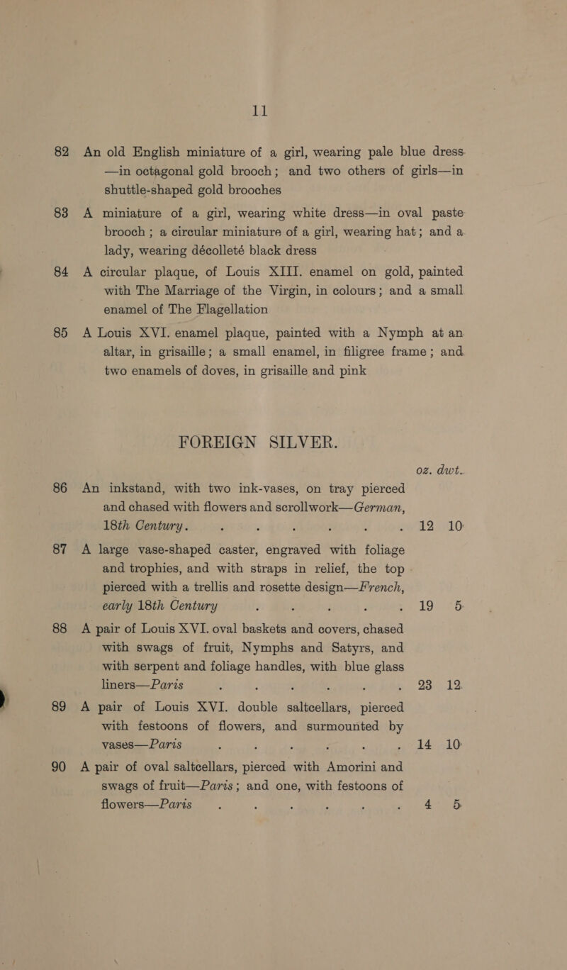 82 83 84 85 86 87 88 89 90 1] An old English miniature of a girl, wearing pale blue dress —in octagonal gold brooch; and two others of girls—in shuttle-shaped gold brooches A winiature of a girl, wearing white dress—in oval paste brooch ; a circular miniature of a girl, wearing hat; and a lady, wearing décolleté black dress A circular plaque, of Louis XIII. enamel on gold, painted with The Marriage of the Virgin, in colours; and a small enamel of The Flagellation A Louis XVI. enamel plaque, painted with a Nymph at an altar, in grisaille; a small enamel, in filigree frame; and. two enamels of doves, in grisaille and pink FOREIGN SILVER. oz. dwt. An inkstand, with two ink-vases, on tray pierced and chased with flowers and scrollwork—German, 18th Century. . : : ; : A210 A large vase-shaped caster, engraved with foliage and trophies, and with straps in relief, the top pierced with a trellis and rosette design—F'rench, early 18th Century ; ; : oe A pair of Louis XVI. oval baskets and covers, chased with swags of fruit, Nymphs and Satyrs, and with serpent and foliage handles, with blue glass liners—Paris : F : ; ; » 23 12. A pair of Louis XVI. double saltcellars, pierced with festoons of flowers, and surmounted by vases— Paris : : 3 At 10 A pair of oval saltcellars, pierced with Amorini and swags of fruit—Paris; and one, with festoons of flowers—Paris : : ‘ : oe ee
