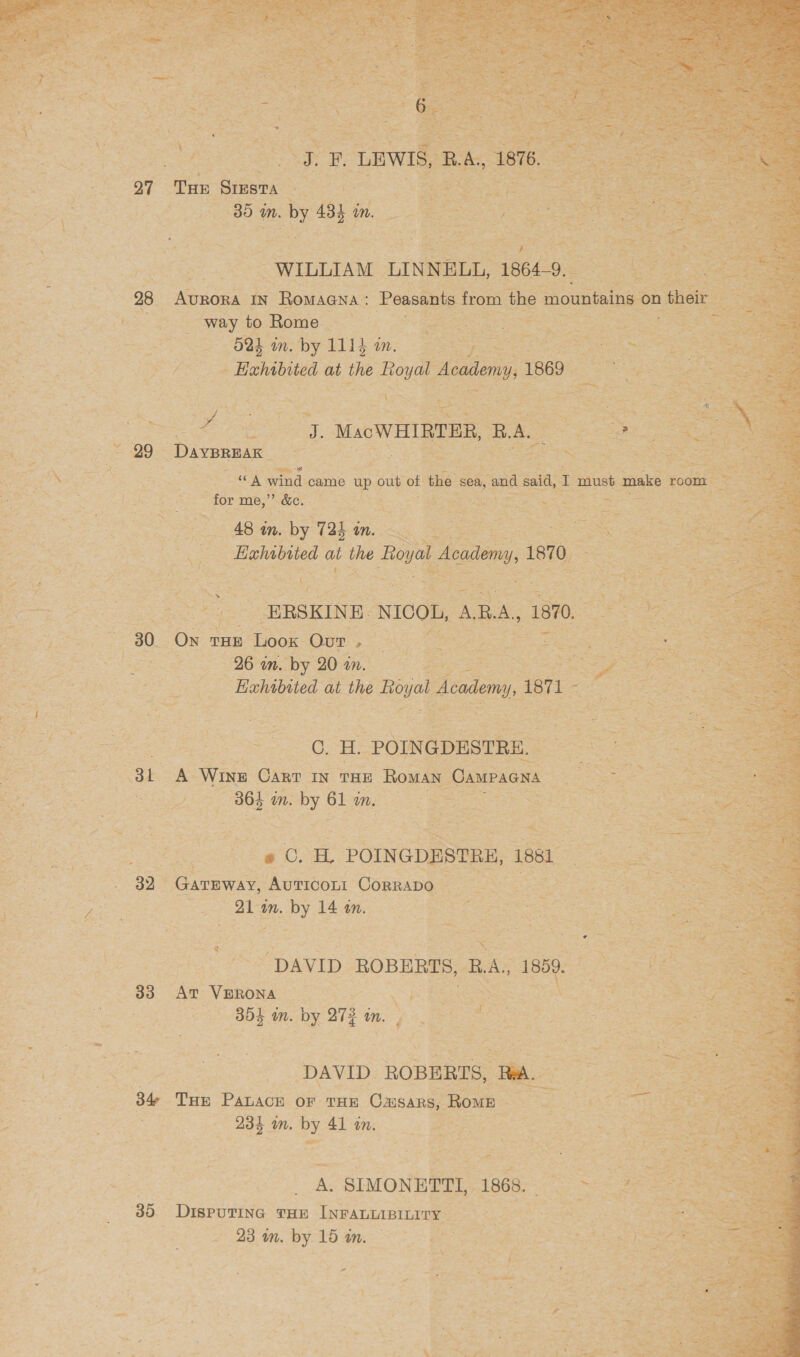   Soe pms na } a oes ee oF THE Sirsa Re a PREG St SRSA TEM 35 in. by oo i: Seven as 7 J _—— ie es Tae NE ithe ob Se poe . 98 AURORA eS eee ‘Peasants from the mountains on their Be Sas a | way to ome: (&lt;p gee ee ee ee eae ees vee ee nit ls tee Sr ~ oe ae 524 in. by Llipin. a eect ae a a « a = vot eee + ae : ARS Sa =e wae i, ee eo a ee a4 : E te by fe z t fA a . : ms oy oe 2 oy re, a) a= 3 ~ és =f ae . a 1 ; eae eg) ee oe We TS joi Saheneg R ae pa ae Pe, Oey. MacWHI TER, Bu — = : Sth a ae inte ta esi oe &gt; a . ] &gt; wae 4 Fai or ela 3 ees. re ps ugh eoe bos A: a8 me, a Bie. F Ce ae. 2 a crag Pac eee Tess ee ee Si 48 in. by Tah Ate ce Se ae ee eee Sr ee | Bahibited at be ls Acct demy, 1810) se 5 oe an = as wee “ ne a ms ; — = — ees oe Pee 4 -ERSKINE. NIOOL, ARS 1870. reir ks 30. Ox. THE 1 Loox Our eR ey ee oe =x es = vf Sao ie i ae wd Z  ; e Sie ee ee RO th by 20 in. oe eo hee = ae eS eee ae in ce - Eahibited ¢ at the Frog ee Academy 1871 ssi #7 5 Saeed ae } f : k &lt;&gt; oh . ‘ = . =&lt; ’ ¥ 5 » : ans &lt;f . +3 = a 7 = a a ho’ | Pg . ee ‘ oe ai ee RE OS. ore ae H. POINGDESTRE, Pe ee 3h” ‘- Wine Carr IN THE Roman” ‘Campagna ie = = s i ss ee ete? So B05 | in. by a in. is ee saree See : Se, ox = f Fé : é ae ¥ ‘ - 2 “e x ~ Z oe ~ x : : ; #2 Bore, eee a Dig Oo _ POINGDESTRH, 188 Sea aes as ee 32 one AuTiconi CORRADG,] ss Sy $ pine SE aces eee egahaal: em by 14 in. IS cece en eee er DAVID. ROBERTS, RA, 1899. ic Saas 33. ae WERORA aaics Se Bede sucl Geto ES pate EG (BOS On: by 273 aes ot ae Cee | Ae . ate Bee Ore ee RD. ROBERIS, a. eee ee, | 84 THE PaLAcr oF THE Caisars, Rone Ray Se a &lt; eee i 235 m. A) 41 m. : a a Ss eg SS ae ok | A. SIMONETTI, 1868. See Br, Ae aes Disputing THE INFALLABILITY — = oe snares 23 im. by. lom acess p&gt; piten